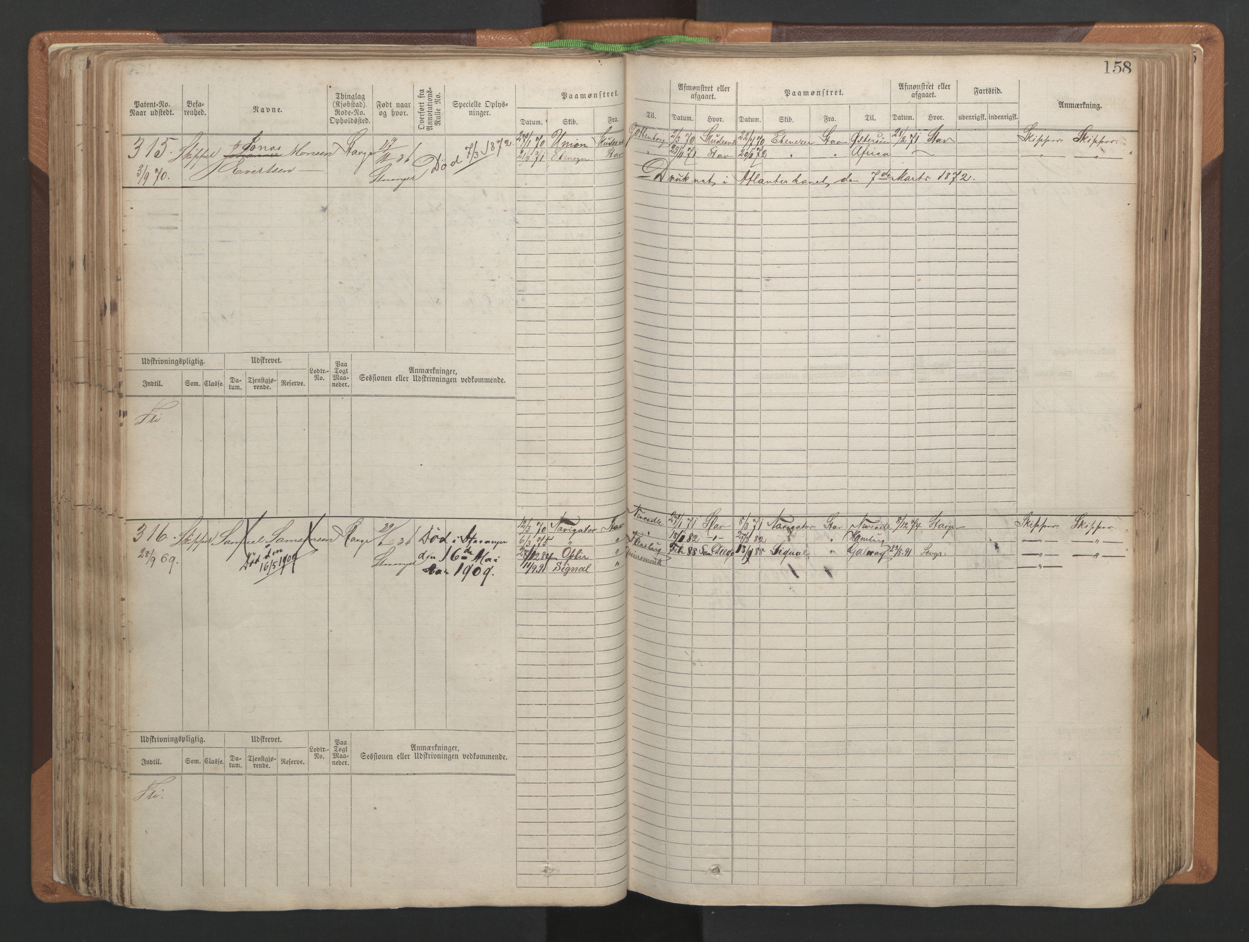 Stavanger sjømannskontor, AV/SAST-A-102006/F/Fb/Fbb/L0004: Sjøfartshovedrulle, patentnr. 1-792 (del 1), 1869-1880, p. 162