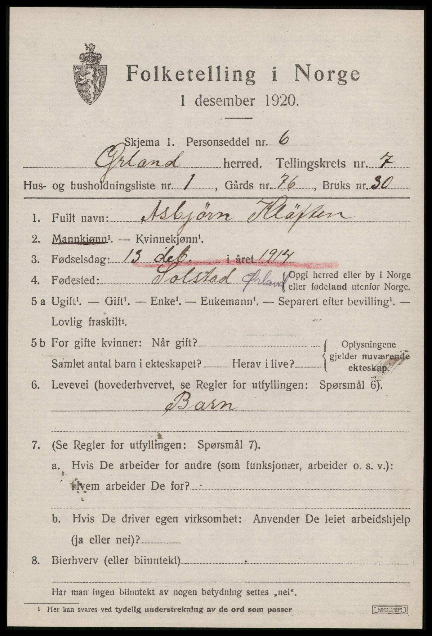 SAT, 1920 census for Ørland, 1920, p. 6103