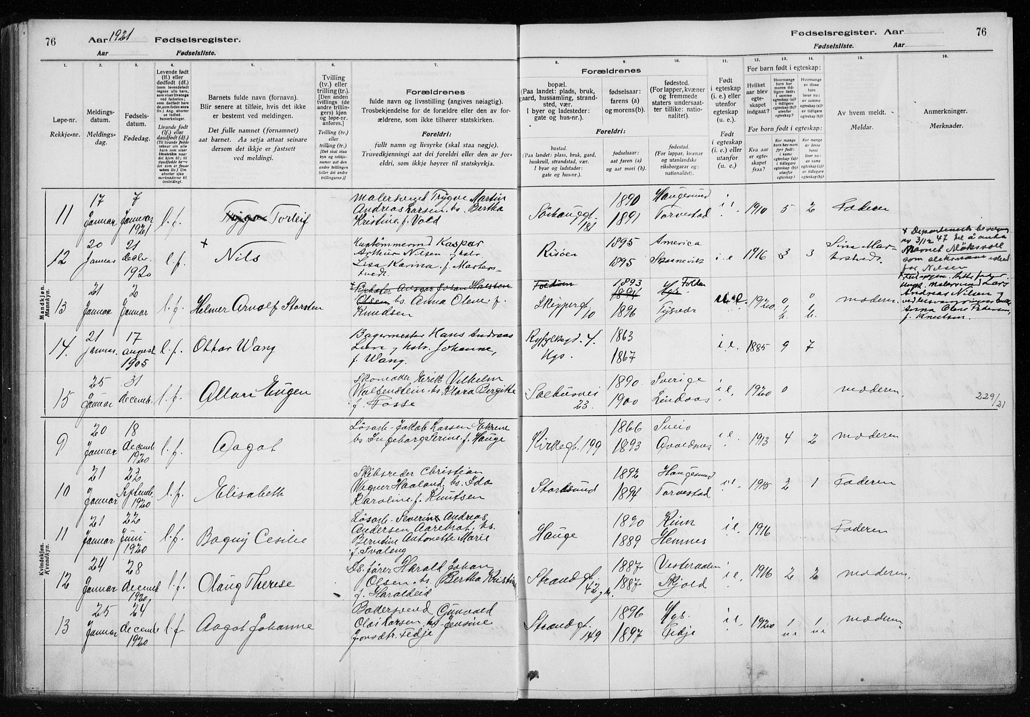 Haugesund sokneprestkontor, AV/SAST-A -101863/I/Id/L0004: Birth register no. 2, 1919-1923, p. 76