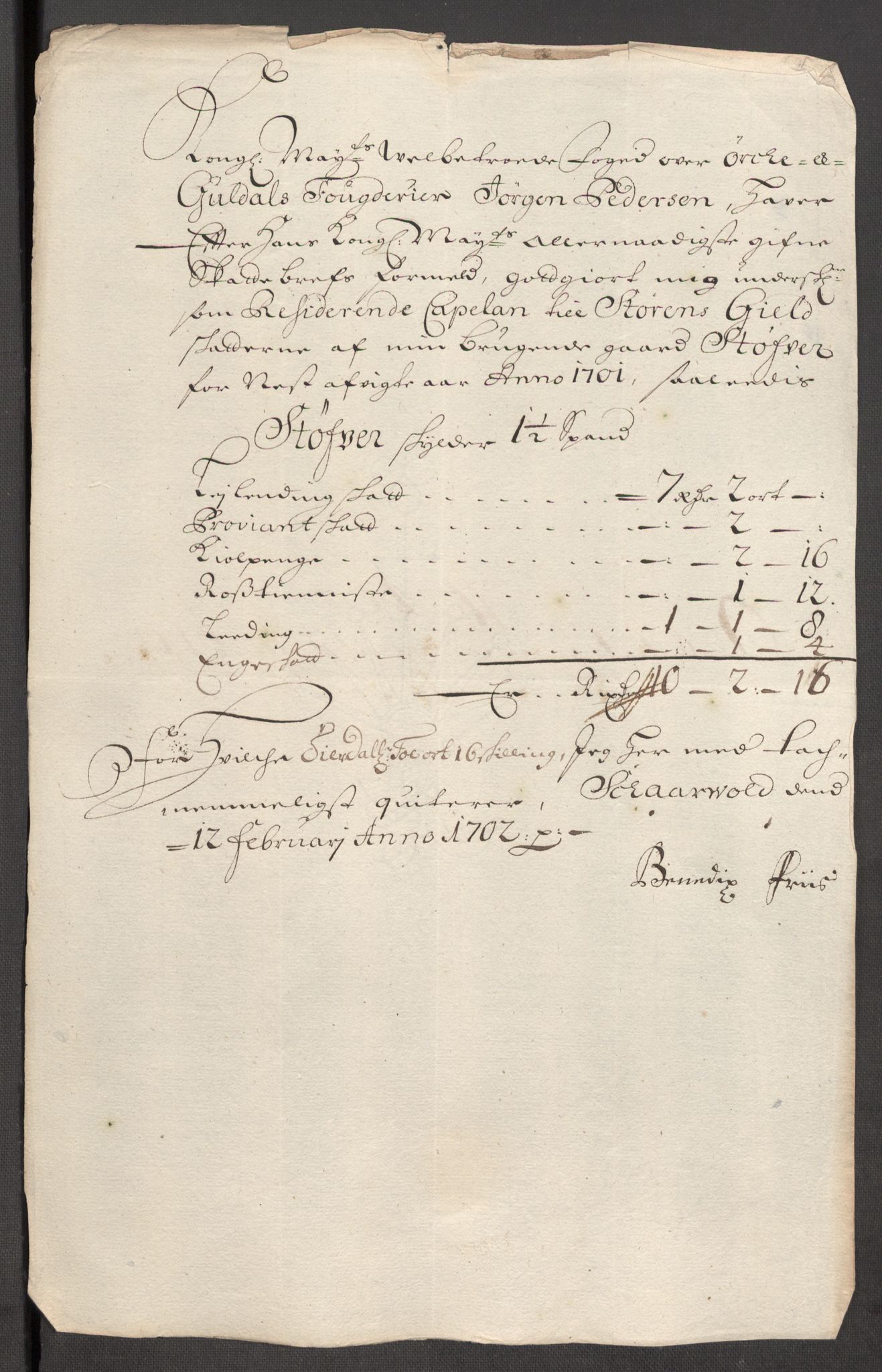 Rentekammeret inntil 1814, Reviderte regnskaper, Fogderegnskap, RA/EA-4092/R60/L3951: Fogderegnskap Orkdal og Gauldal, 1701, p. 279