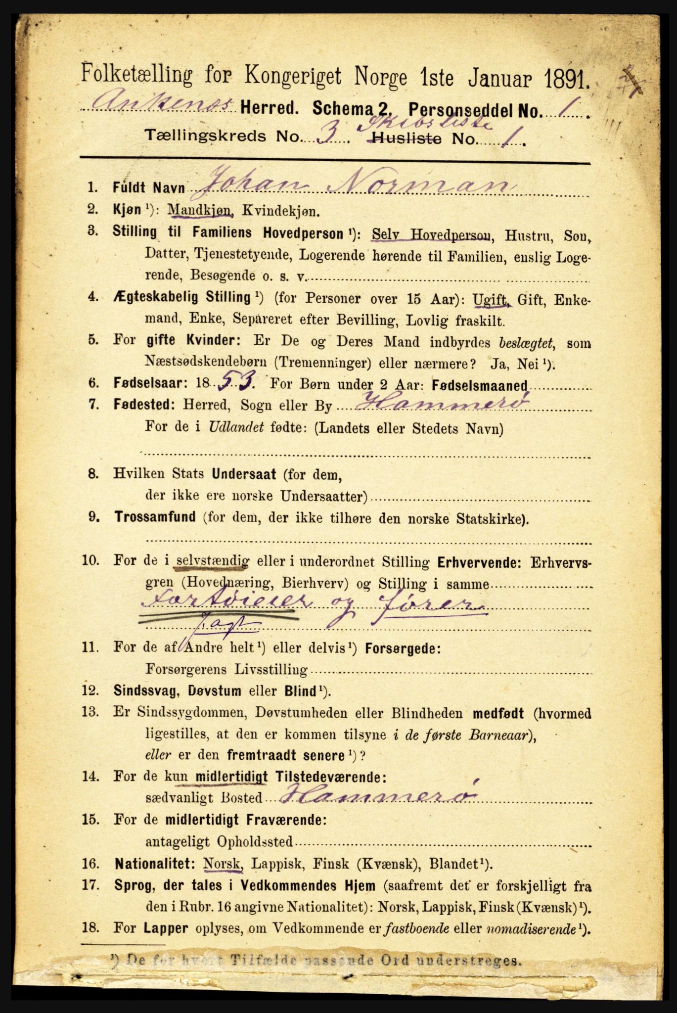 RA, 1891 census for 1855 Ankenes, 1891, p. 2209