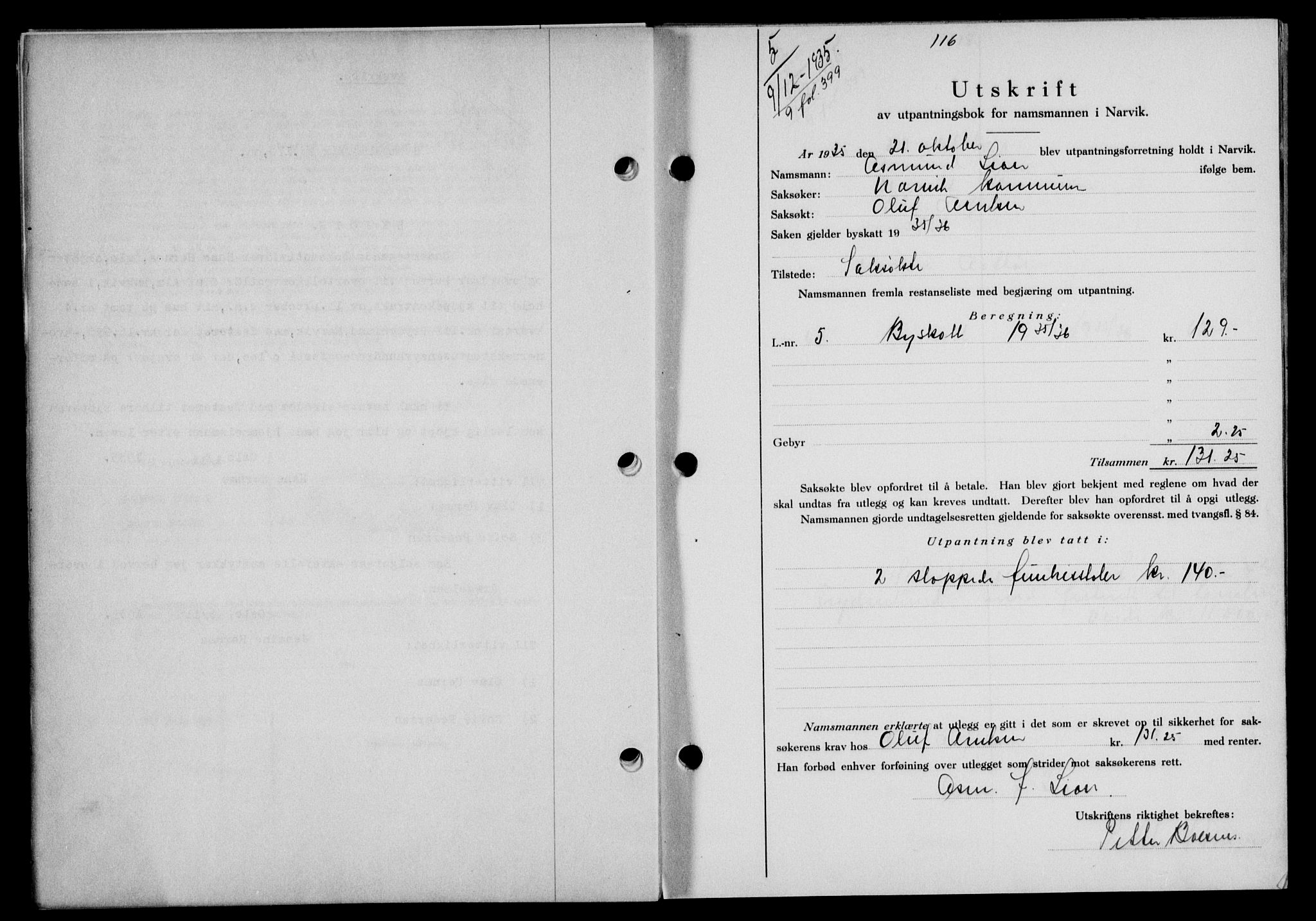 Narvik sorenskriveri, SAT/A-0002/1/2/2C/2Ca/L0011: Mortgage book no. 14, 1935-1937, Deed date: 09.12.1935