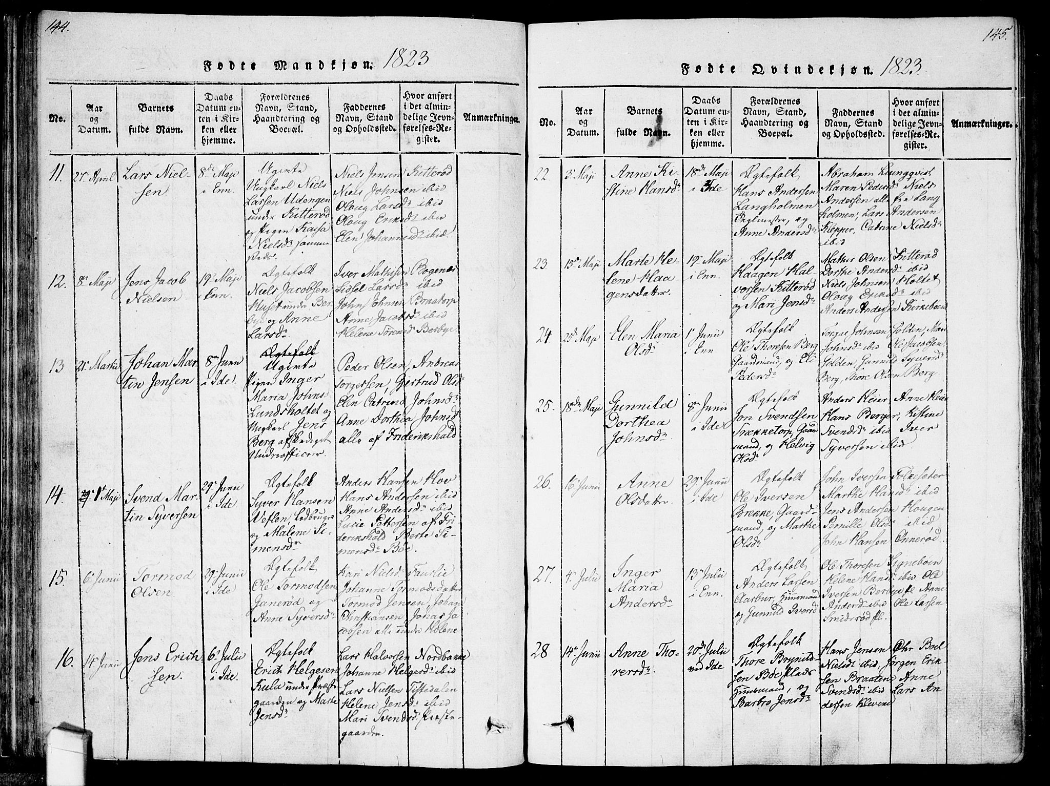 Idd prestekontor Kirkebøker, AV/SAO-A-10911/F/Fc/L0002: Parish register (official) no. III 2, 1815-1831, p. 144-145