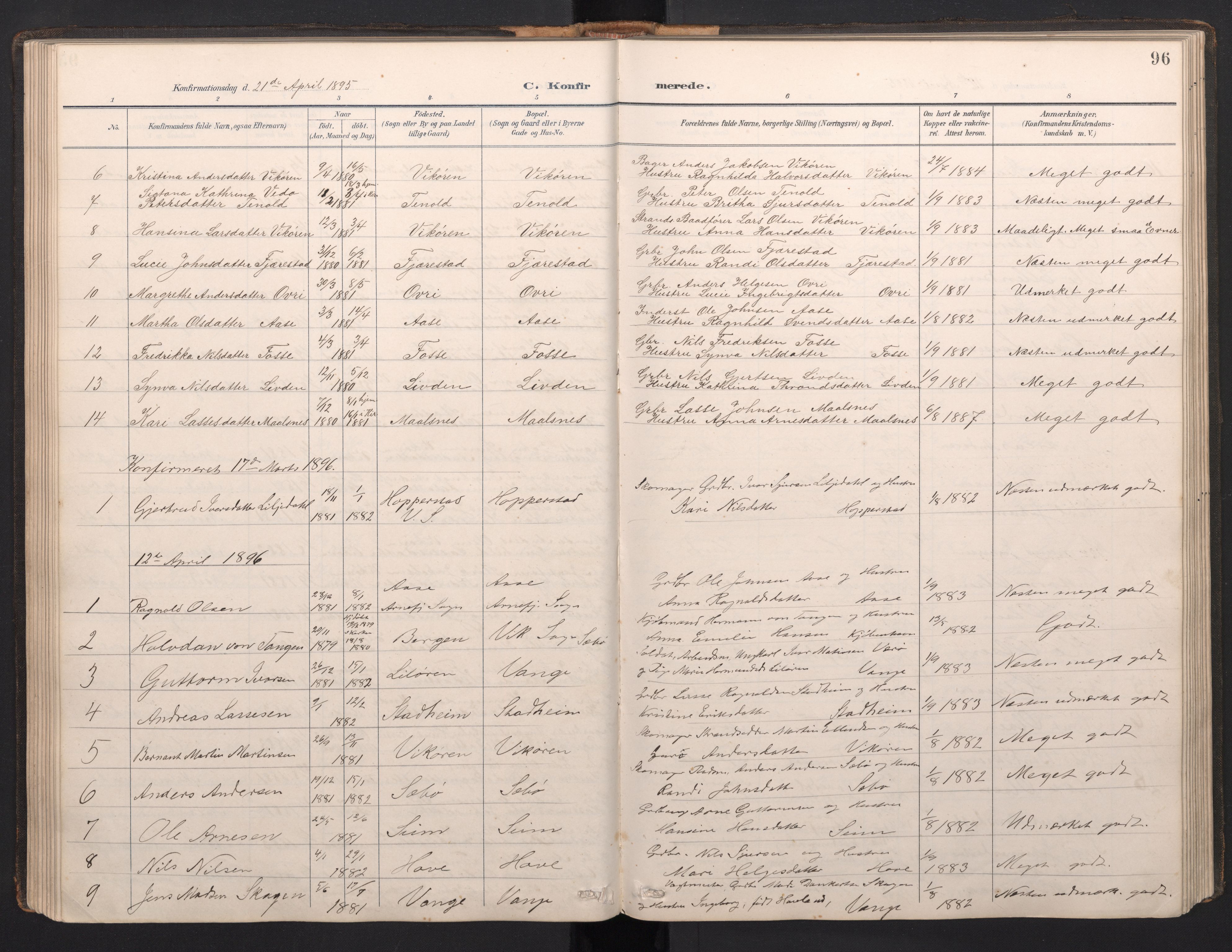 Vik sokneprestembete, SAB/A-81501: Parish register (copy) no. A 4, 1895-1914, p. 95b-96a