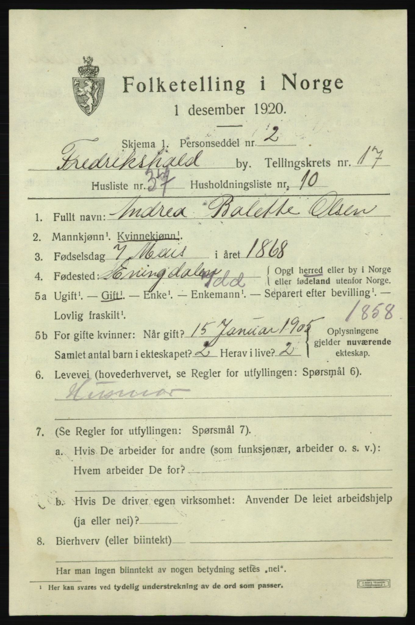 SAO, 1920 census for Fredrikshald, 1920, p. 26986