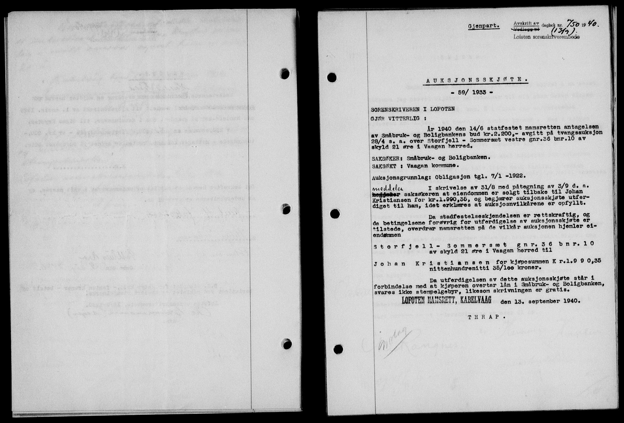 Lofoten sorenskriveri, SAT/A-0017/1/2/2C/L0007a: Mortgage book no. 7a, 1939-1940, Diary no: : 750/1940