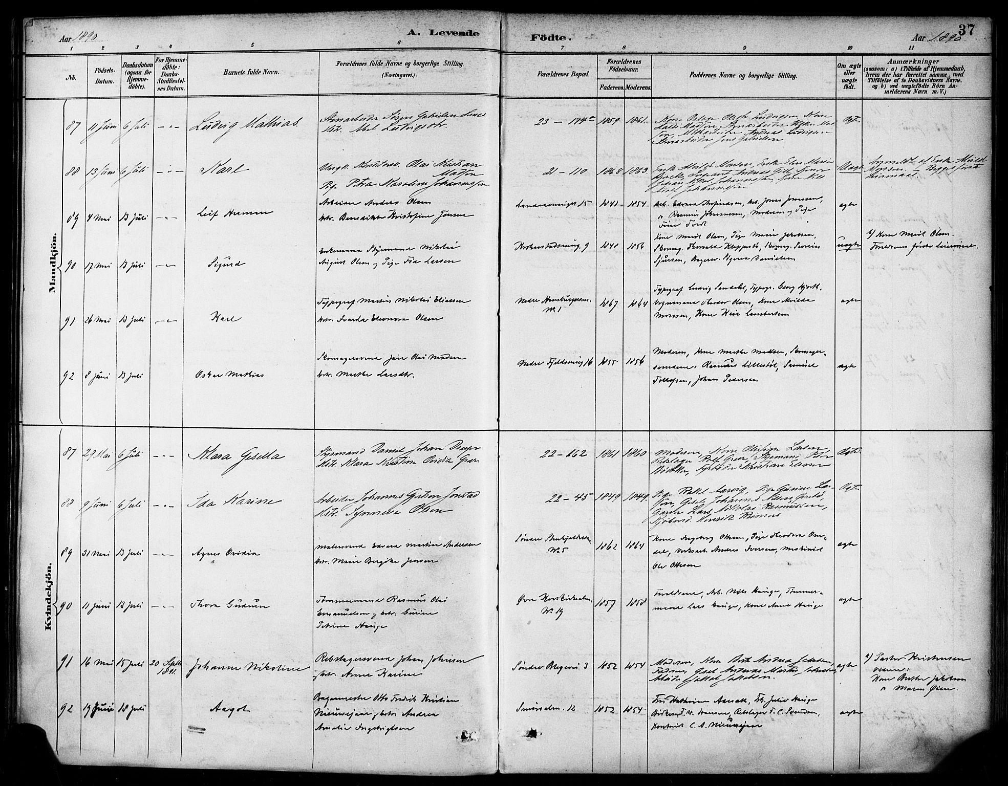Korskirken sokneprestembete, AV/SAB-A-76101/H/Haa/L0022: Parish register (official) no. B 8, 1889-1899, p. 37