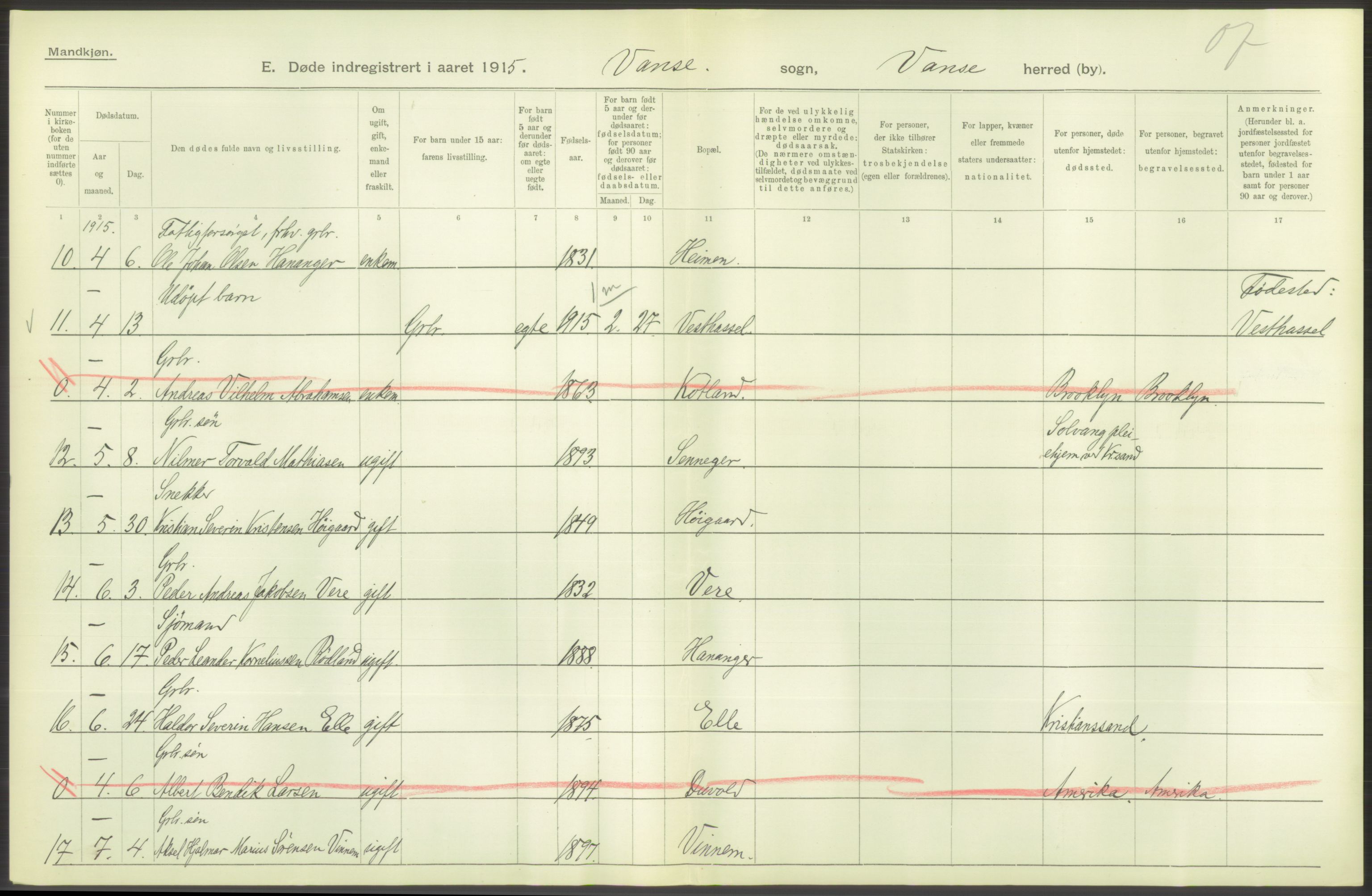 Statistisk sentralbyrå, Sosiodemografiske emner, Befolkning, AV/RA-S-2228/D/Df/Dfb/Dfbe/L0026: Lister og Mandals amt: Døde, dødfødte. Bygder og byer., 1915, p. 136