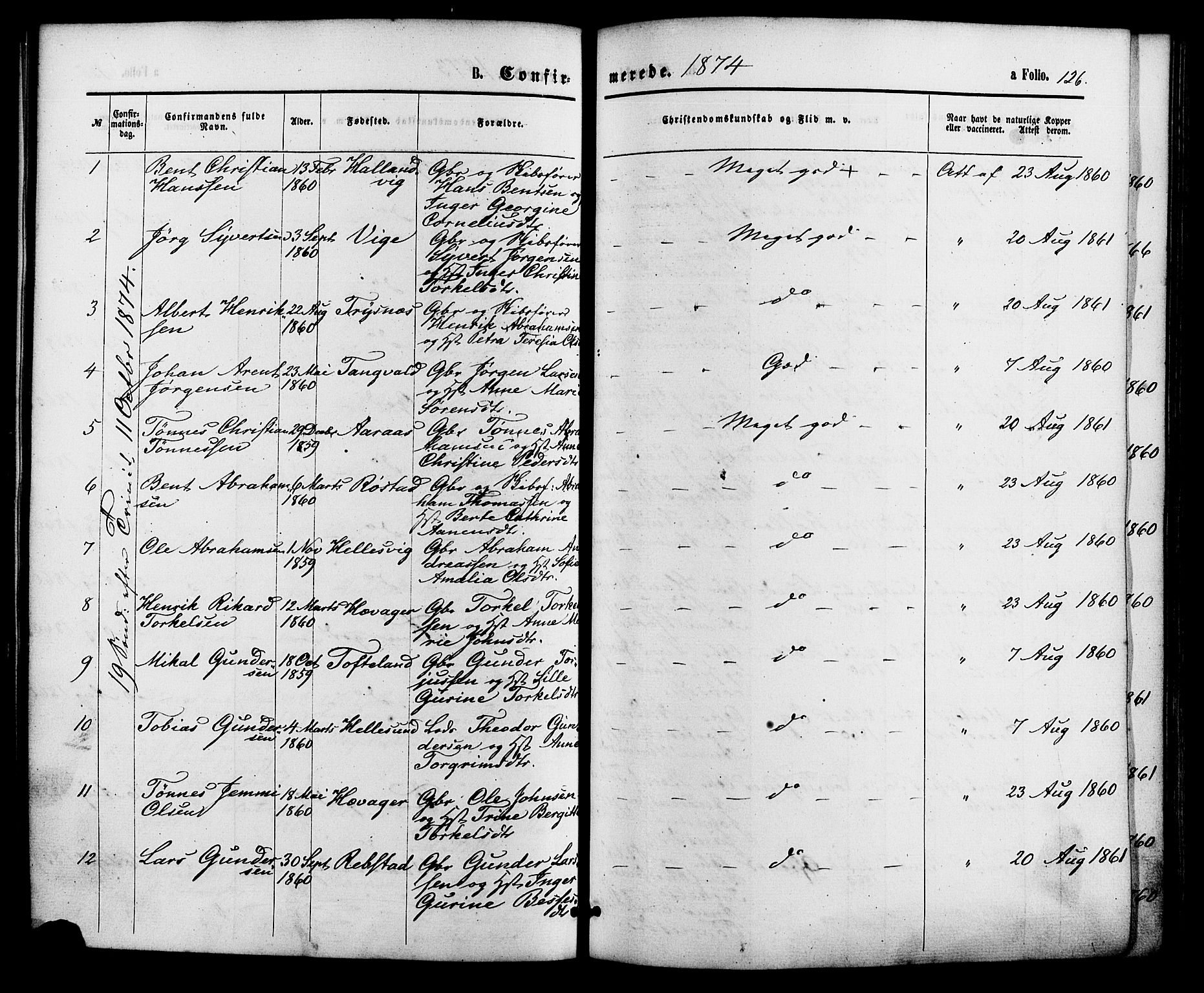 Søgne sokneprestkontor, AV/SAK-1111-0037/F/Fa/Fab/L0011: Parish register (official) no. A 11, 1869-1879, p. 126