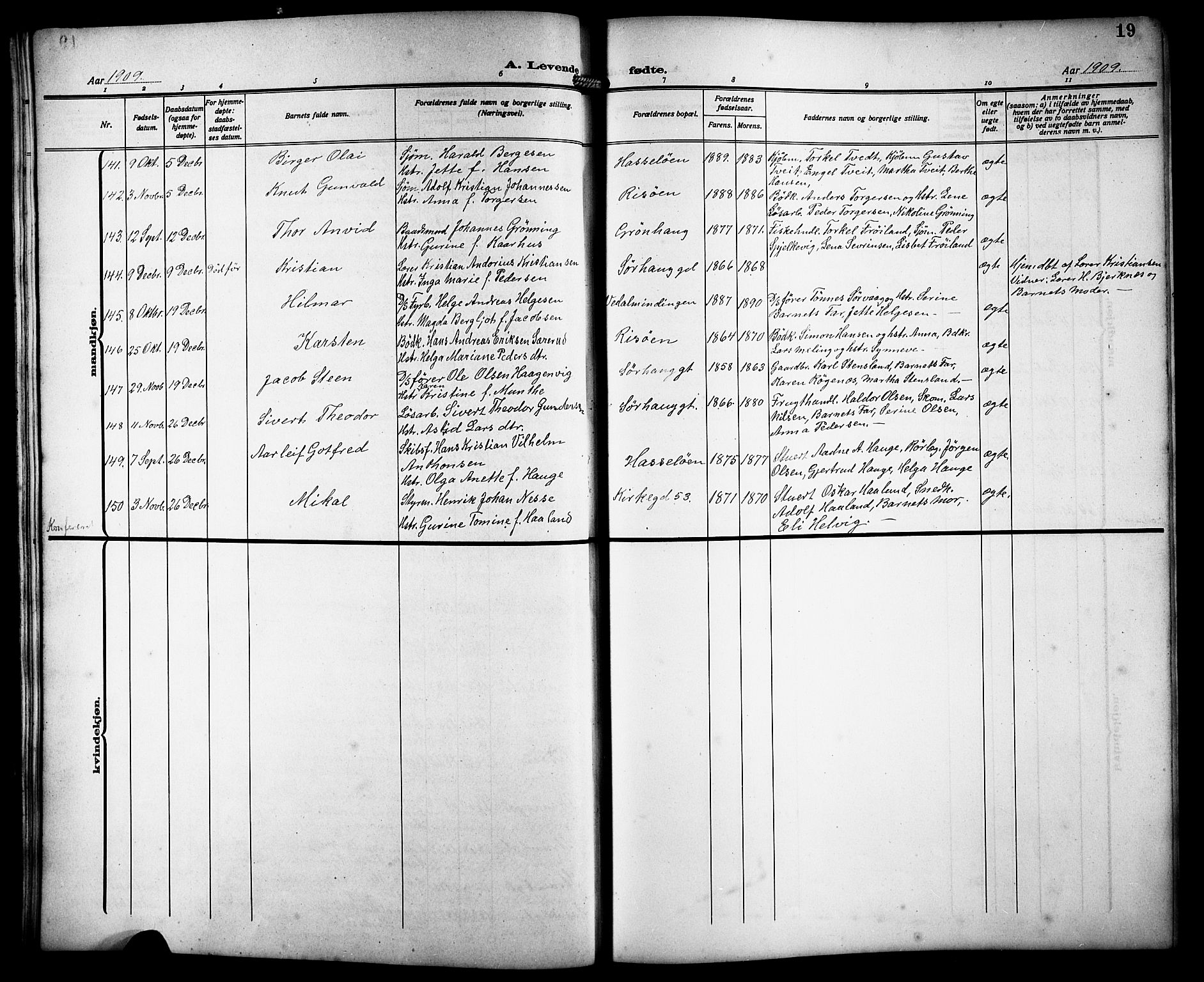 Haugesund sokneprestkontor, AV/SAST-A -101863/H/Ha/Hab/L0007: Parish register (copy) no. B 7, 1909-1920, p. 19