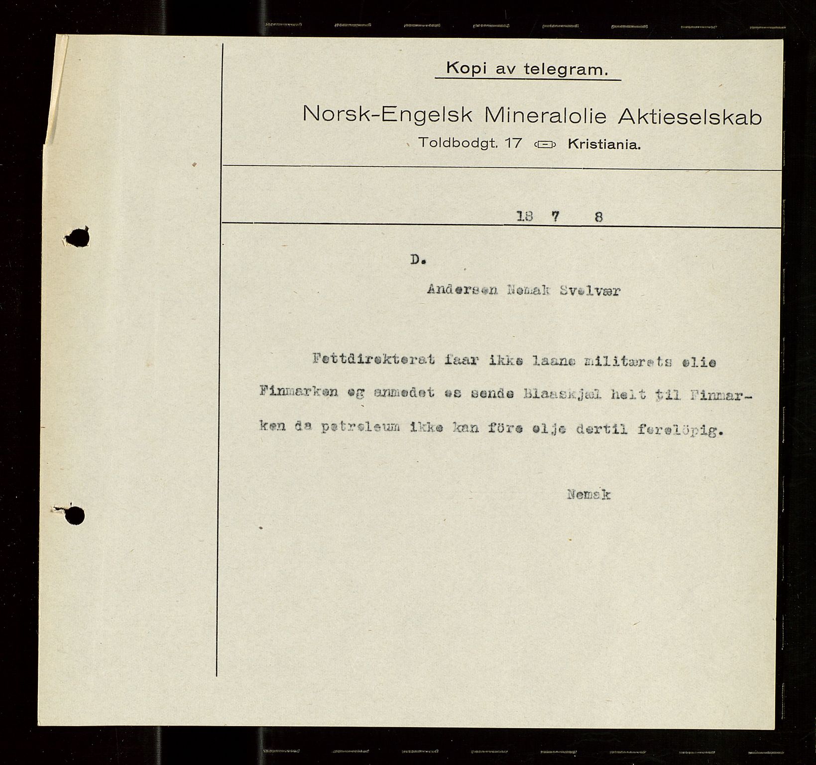 Pa 1521 - A/S Norske Shell, AV/SAST-A-101915/E/Ea/Eaa/L0021: Sjefskorrespondanse, 1918, p. 266