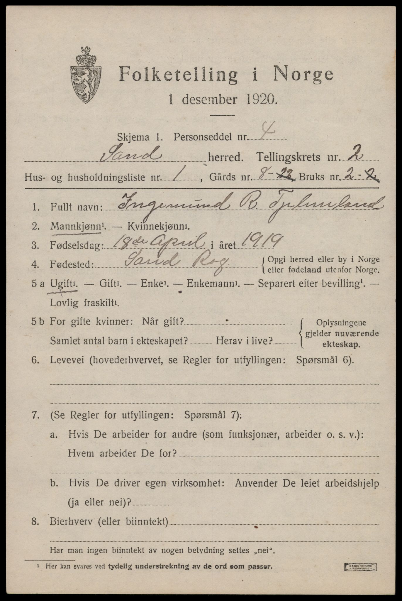 SAST, 1920 census for Sand, 1920, p. 795