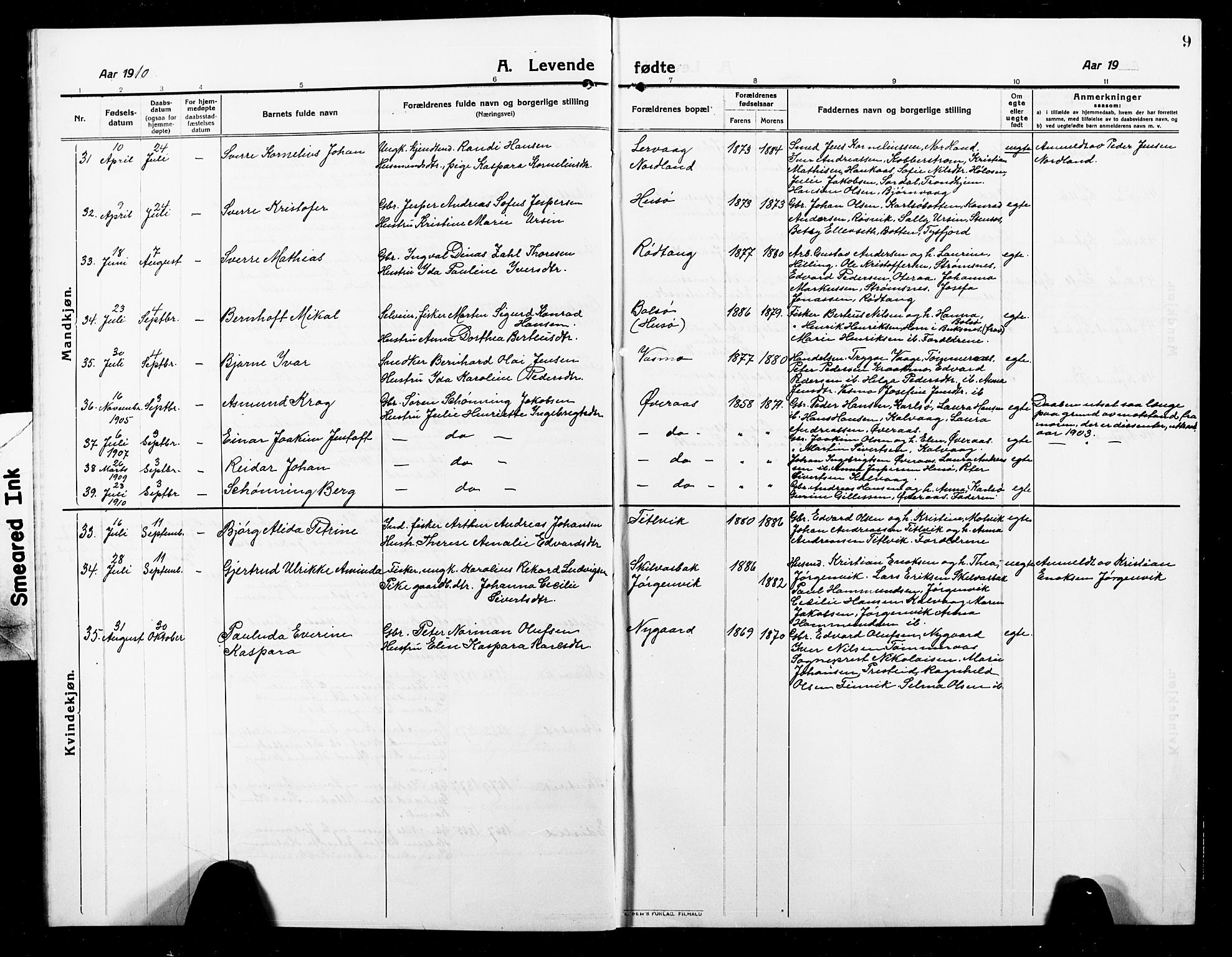 Ministerialprotokoller, klokkerbøker og fødselsregistre - Nordland, AV/SAT-A-1459/859/L0861: Parish register (copy) no. 859C07, 1910-1925, p. 9