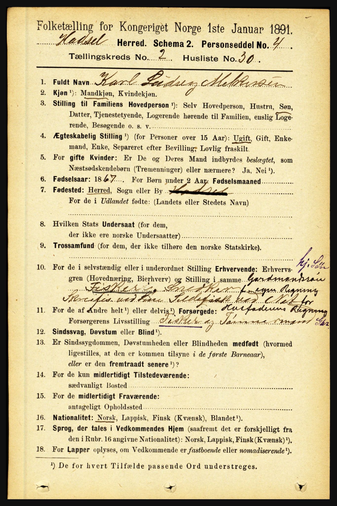 RA, 1891 census for 1866 Hadsel, 1891, p. 843