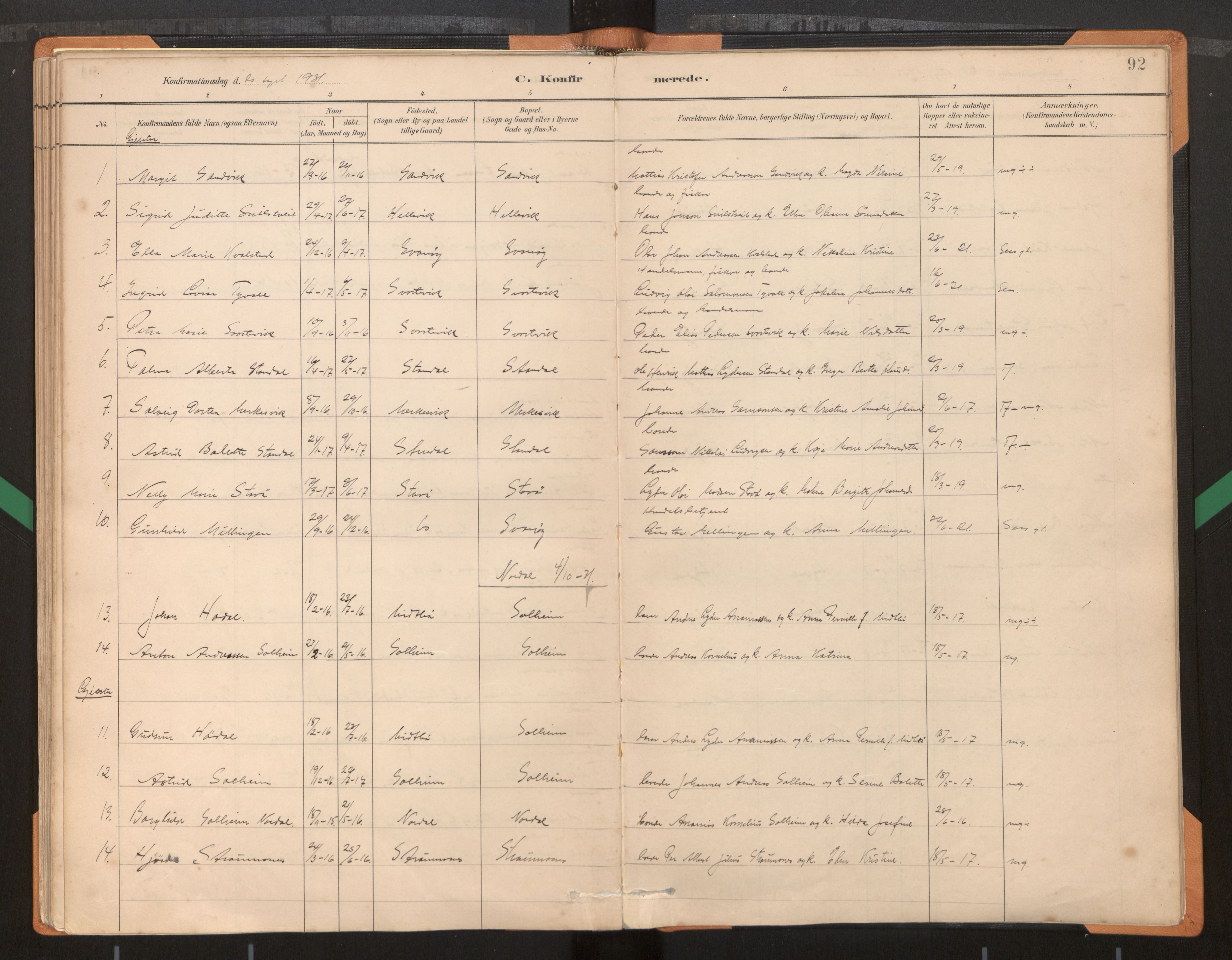 Kinn sokneprestembete, AV/SAB-A-80801/H/Haa/Haad/L0004: Parish register (official) no. D 4, 1883-1944, p. 92