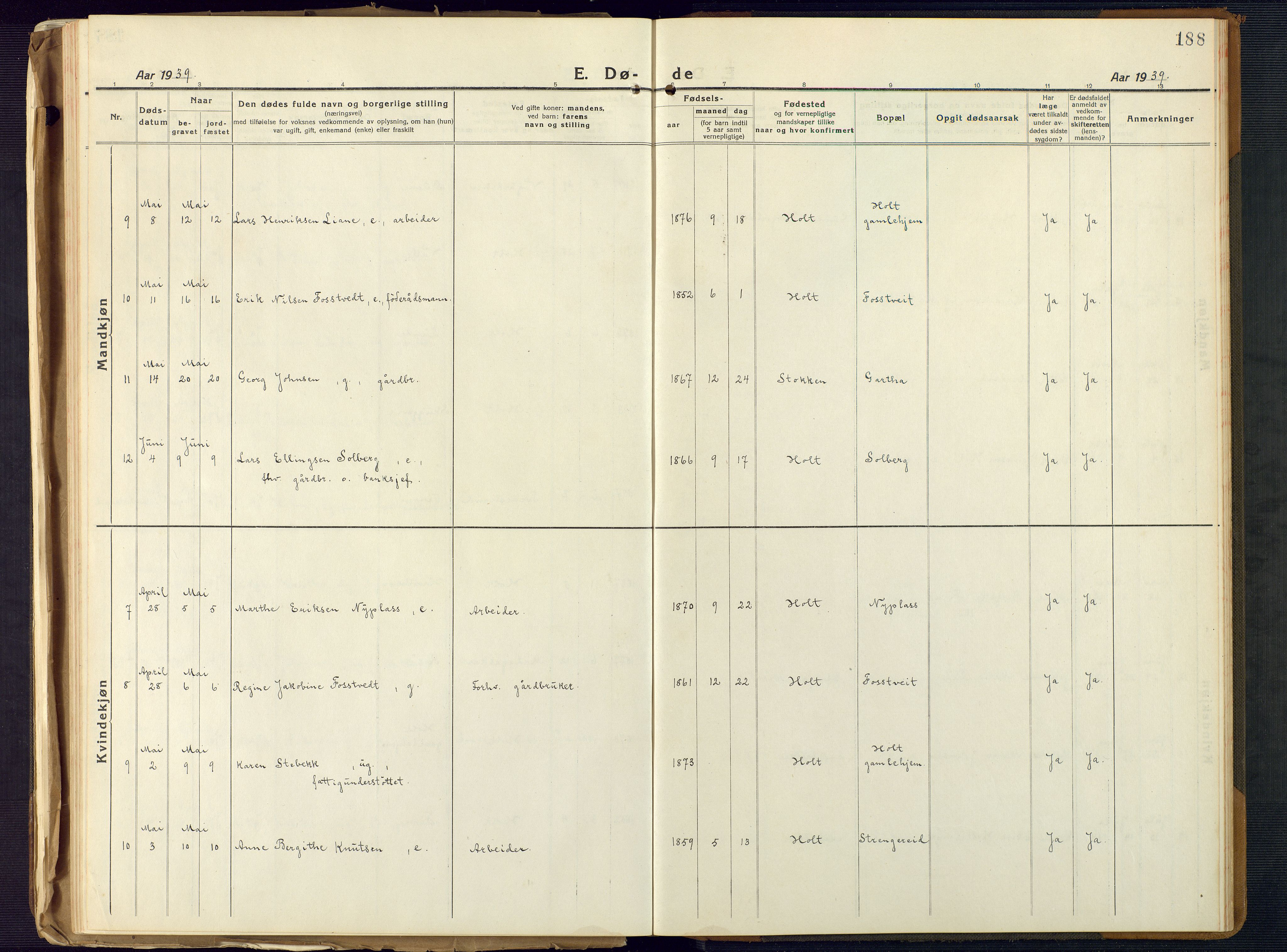 Holt sokneprestkontor, SAK/1111-0021/F/Fb/L0012: Parish register (copy) no. B 12, 1919-1944, p. 188