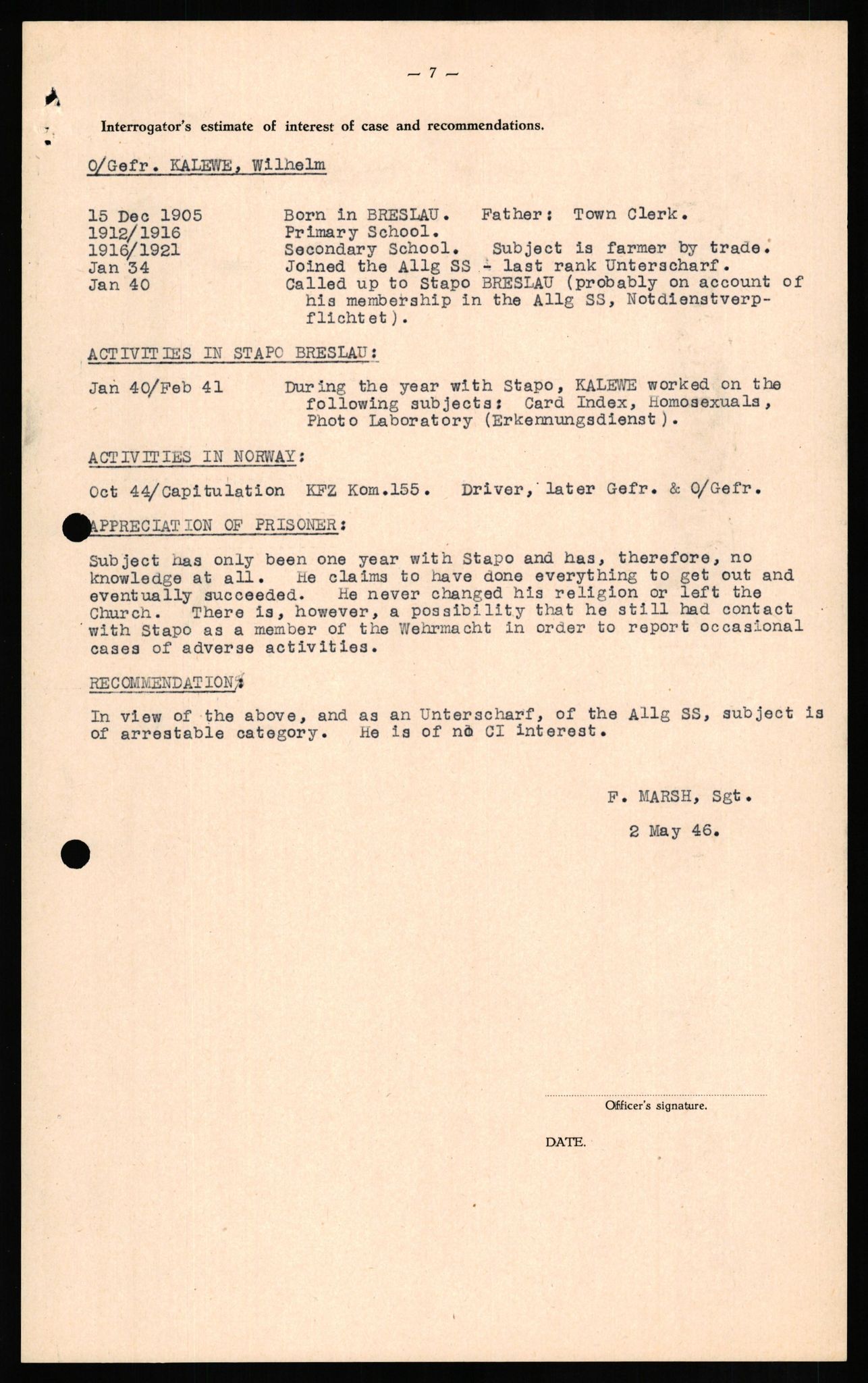 Forsvaret, Forsvarets overkommando II, AV/RA-RAFA-3915/D/Db/L0015: CI Questionaires. Tyske okkupasjonsstyrker i Norge. Tyskere., 1945-1946, p. 323