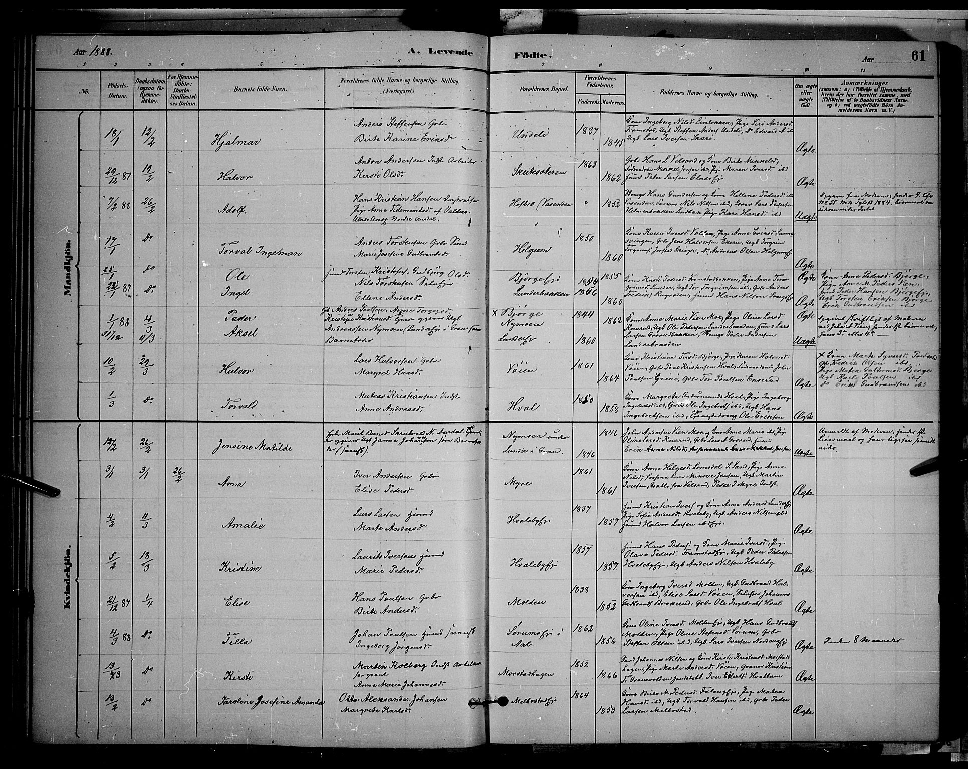 Gran prestekontor, SAH/PREST-112/H/Ha/Hab/L0002: Parish register (copy) no. 2, 1879-1892, p. 61