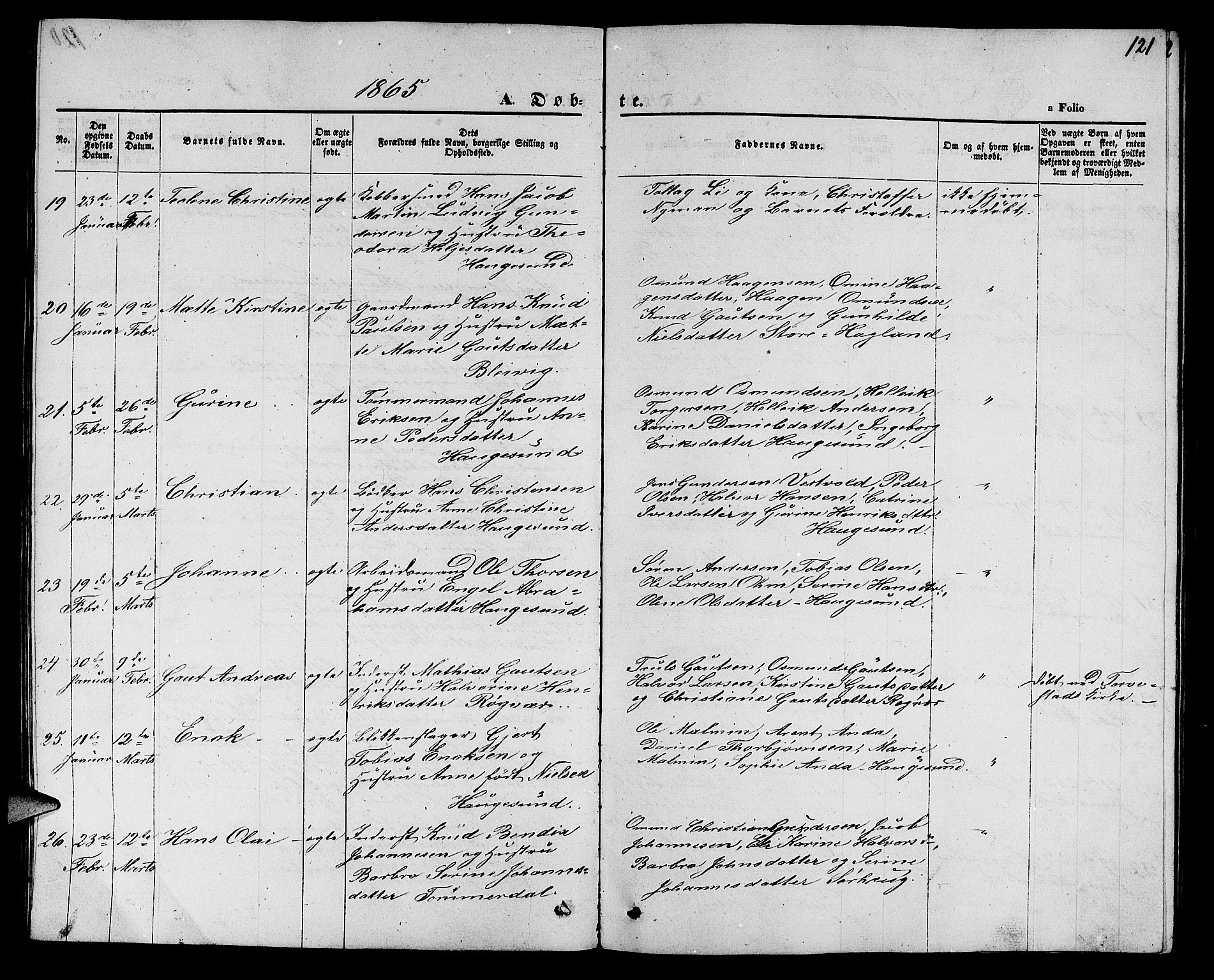 Torvastad sokneprestkontor, AV/SAST-A -101857/H/Ha/Hab/L0006: Parish register (copy) no. B 6, 1858-1867, p. 121