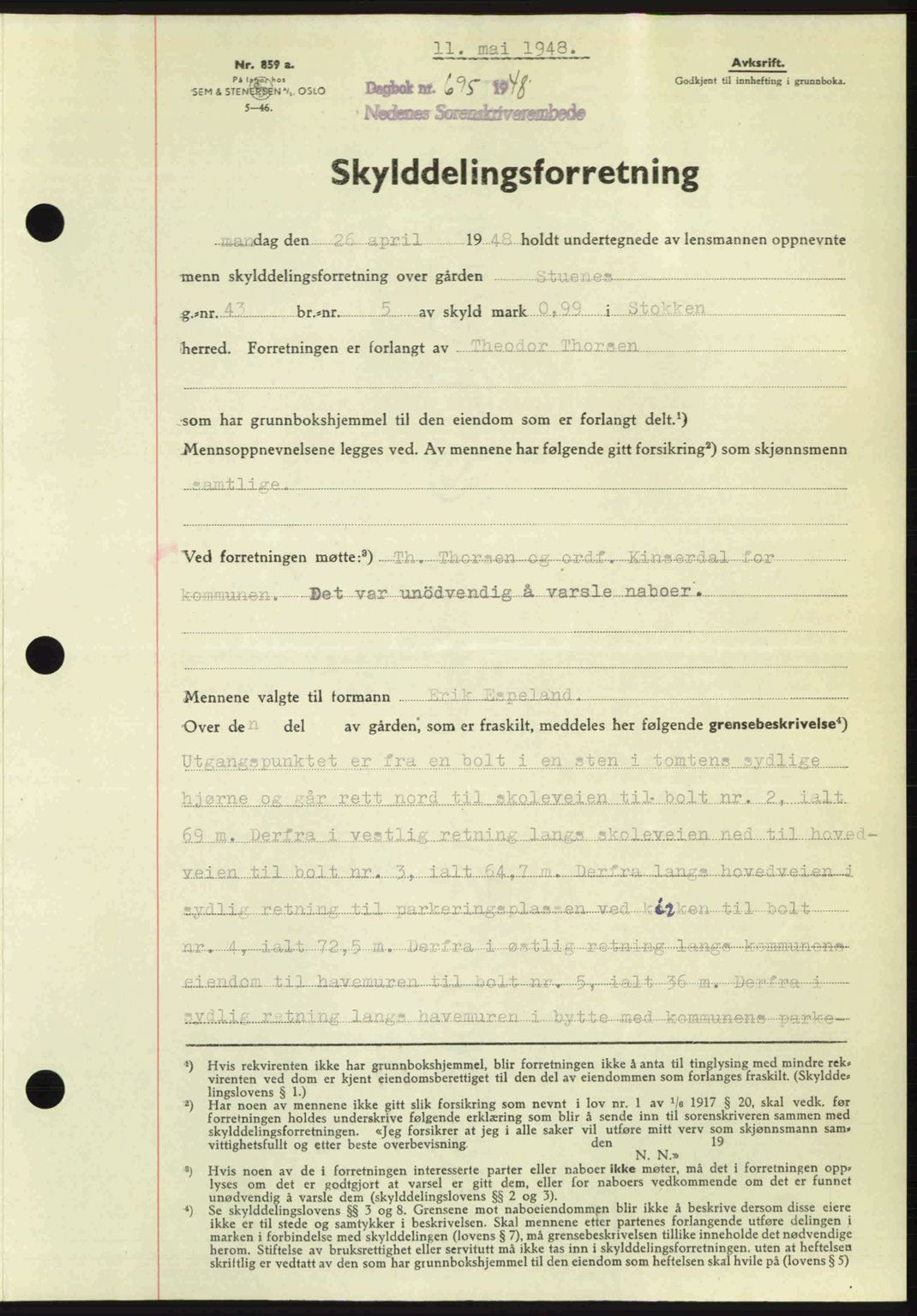 Nedenes sorenskriveri, AV/SAK-1221-0006/G/Gb/Gba/L0059: Mortgage book no. A11, 1948-1948, Diary no: : 695/1948