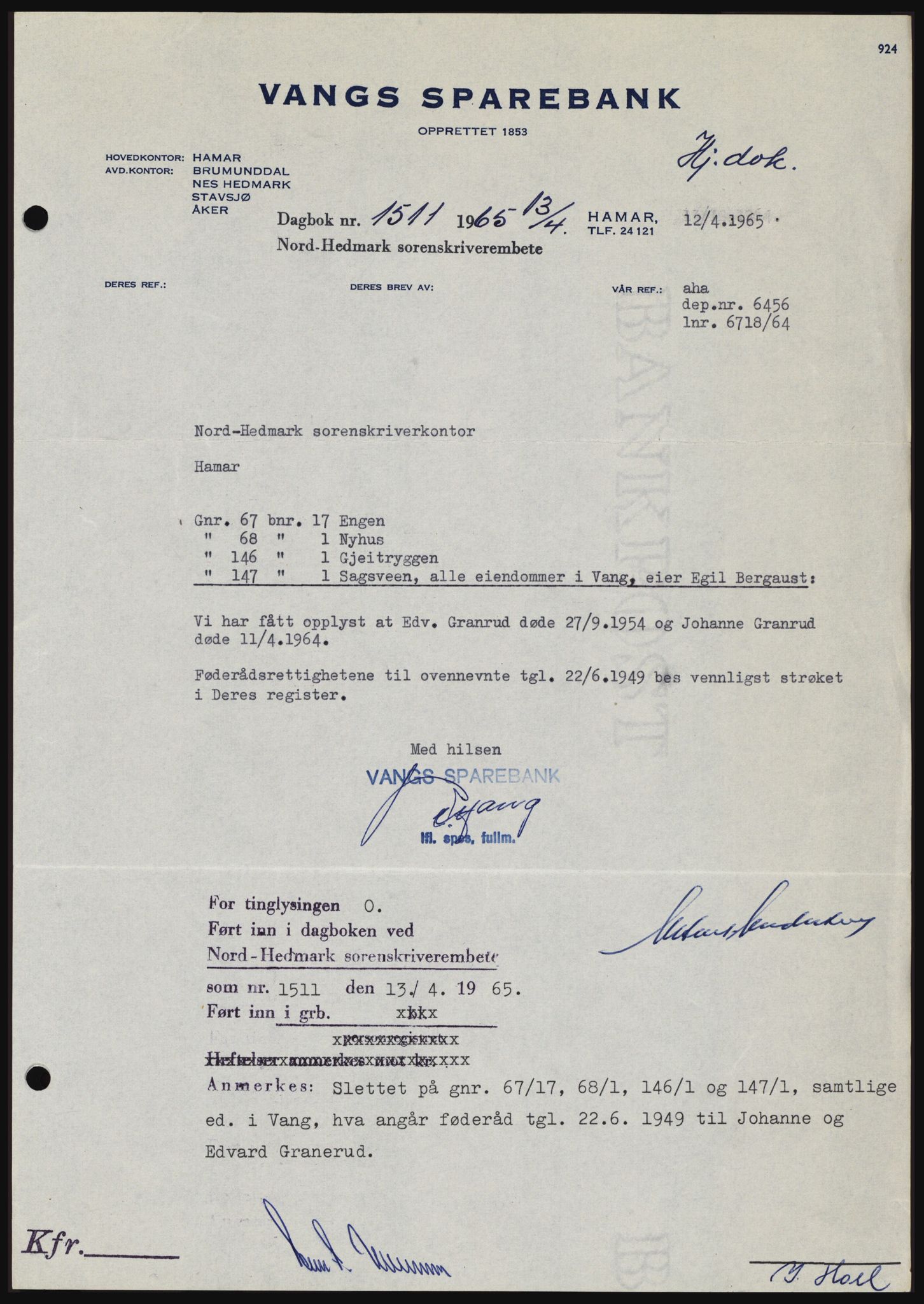 Nord-Hedmark sorenskriveri, SAH/TING-012/H/Hc/L0021: Mortgage book no. 21, 1964-1965, Diary no: : 1511/1965