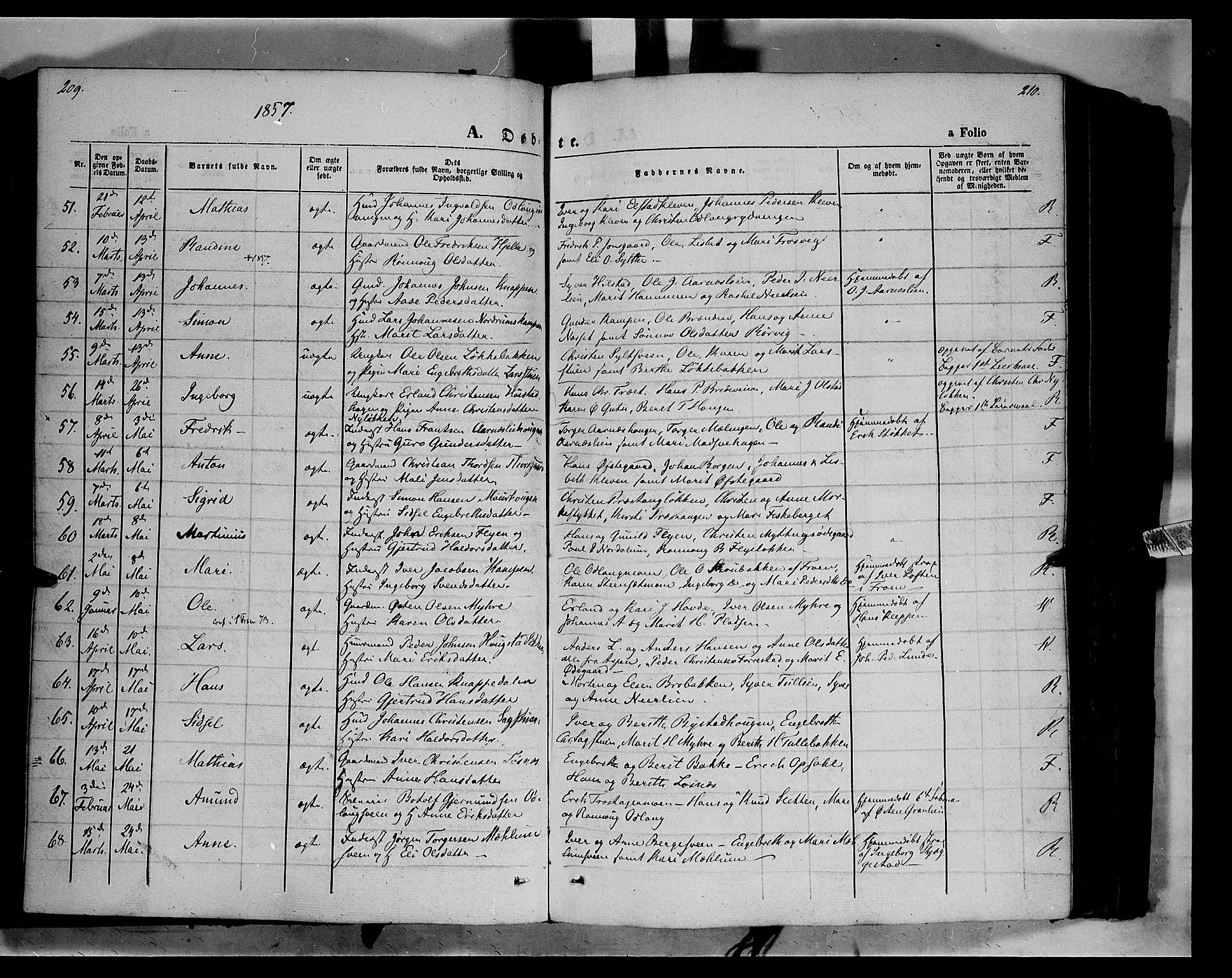 Ringebu prestekontor, AV/SAH-PREST-082/H/Ha/Haa/L0006: Parish register (official) no. 6, 1848-1859, p. 209-210