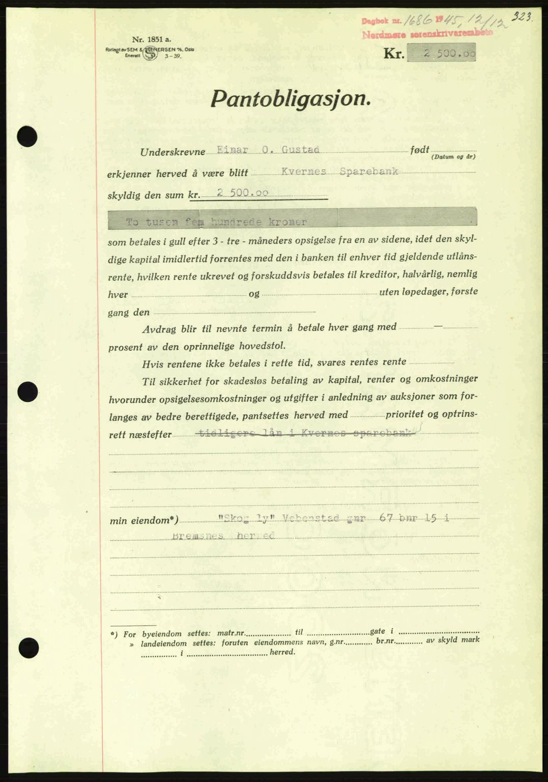 Nordmøre sorenskriveri, AV/SAT-A-4132/1/2/2Ca: Mortgage book no. B93a, 1945-1945, Diary no: : 1686/1945