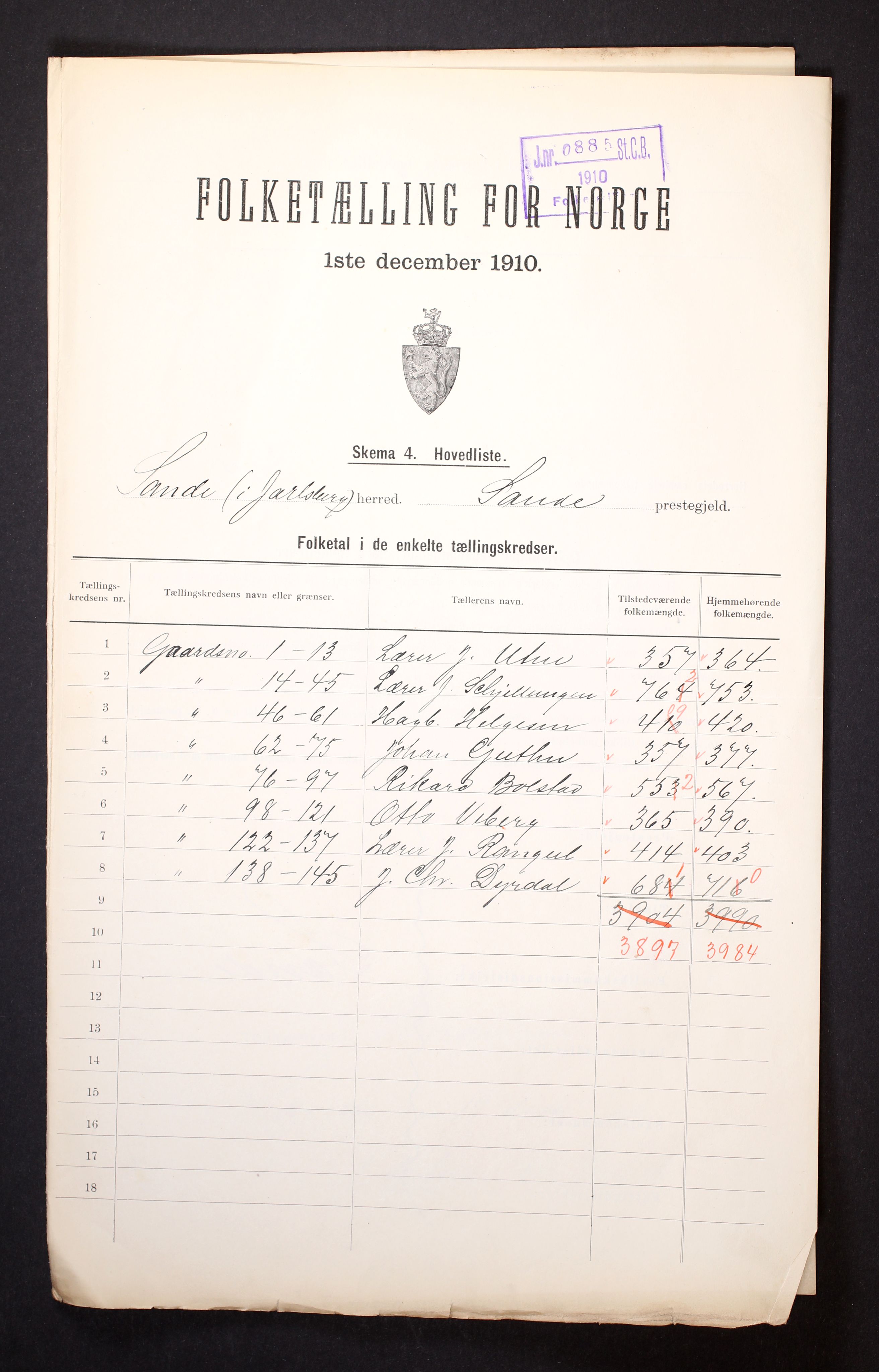 RA, 1910 census for Sande, 1910, p. 2