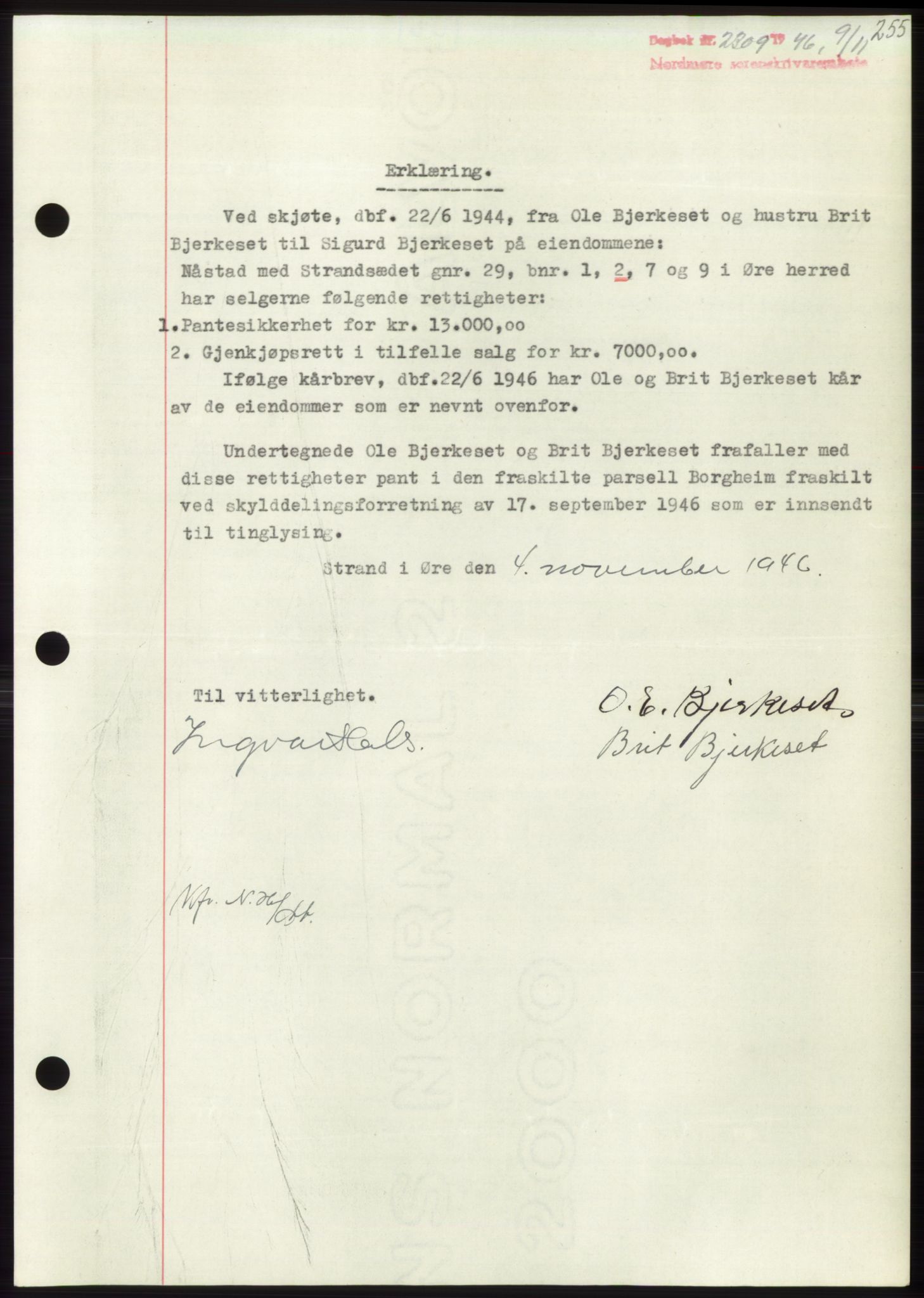 Nordmøre sorenskriveri, AV/SAT-A-4132/1/2/2Ca: Mortgage book no. B95, 1946-1947, Diary no: : 2309/1946