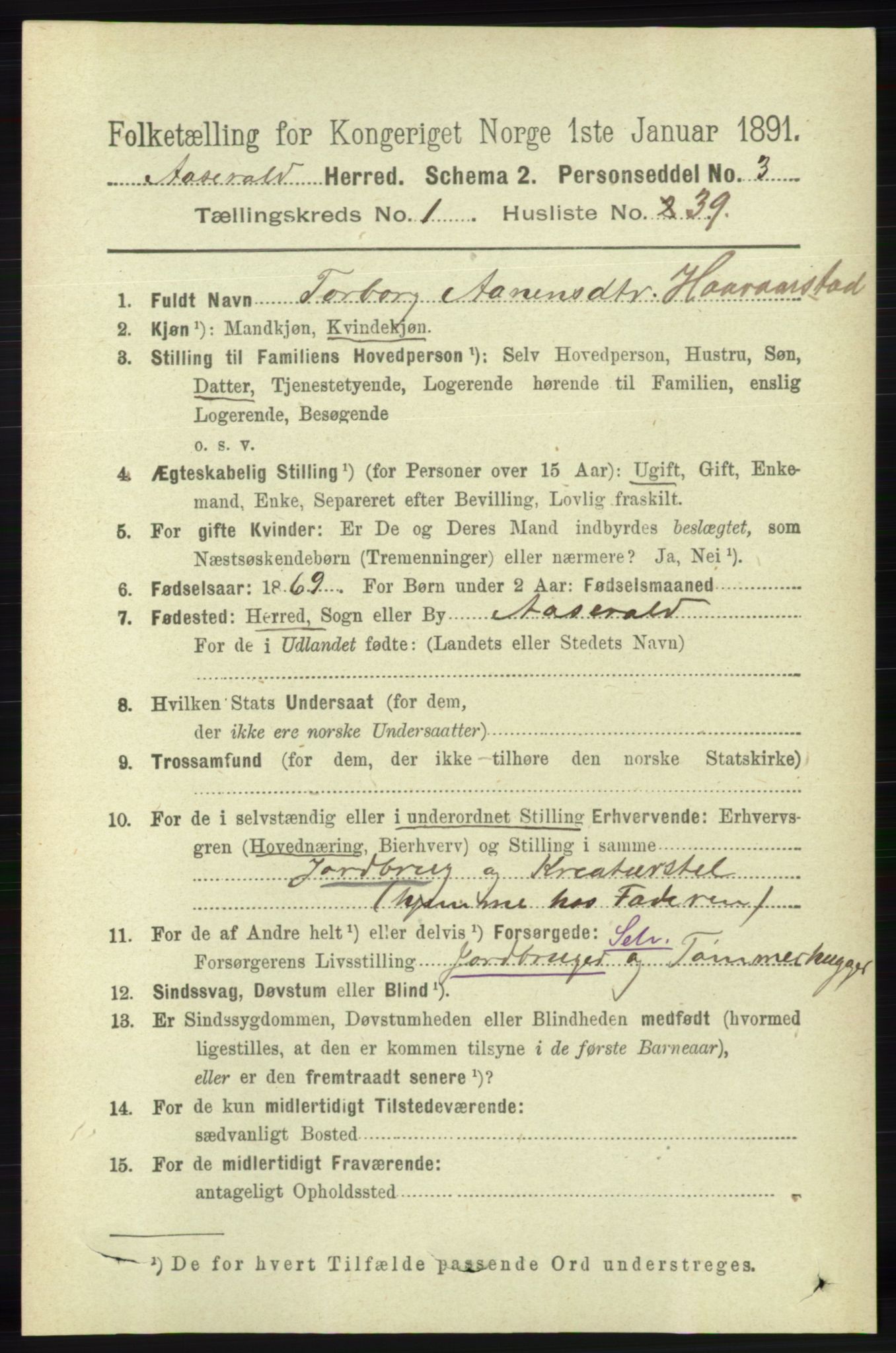 RA, 1891 census for 1026 Åseral, 1891, p. 320