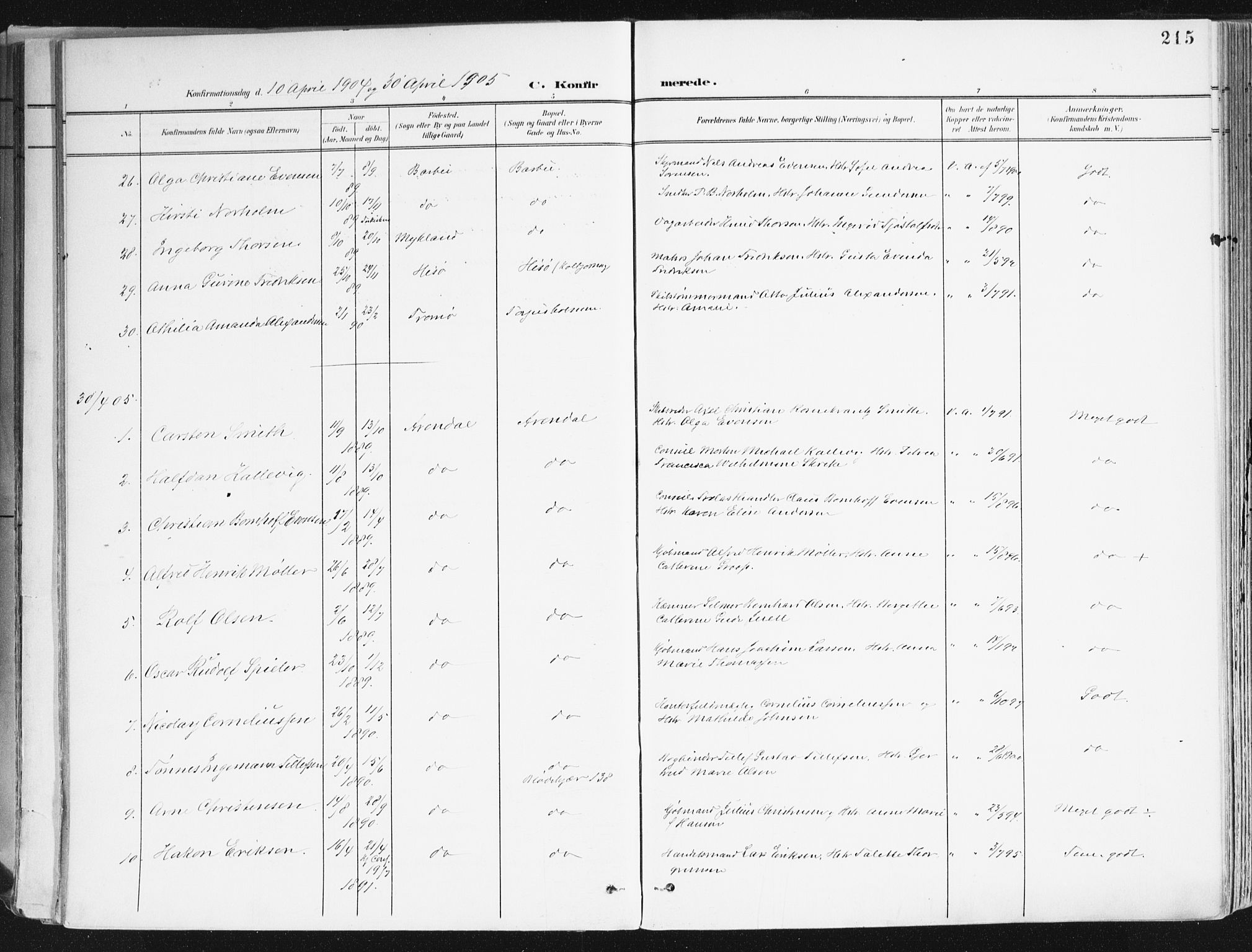 Arendal sokneprestkontor, Trefoldighet, SAK/1111-0040/F/Fa/L0010: Parish register (official) no. A 10, 1900-1919, p. 215