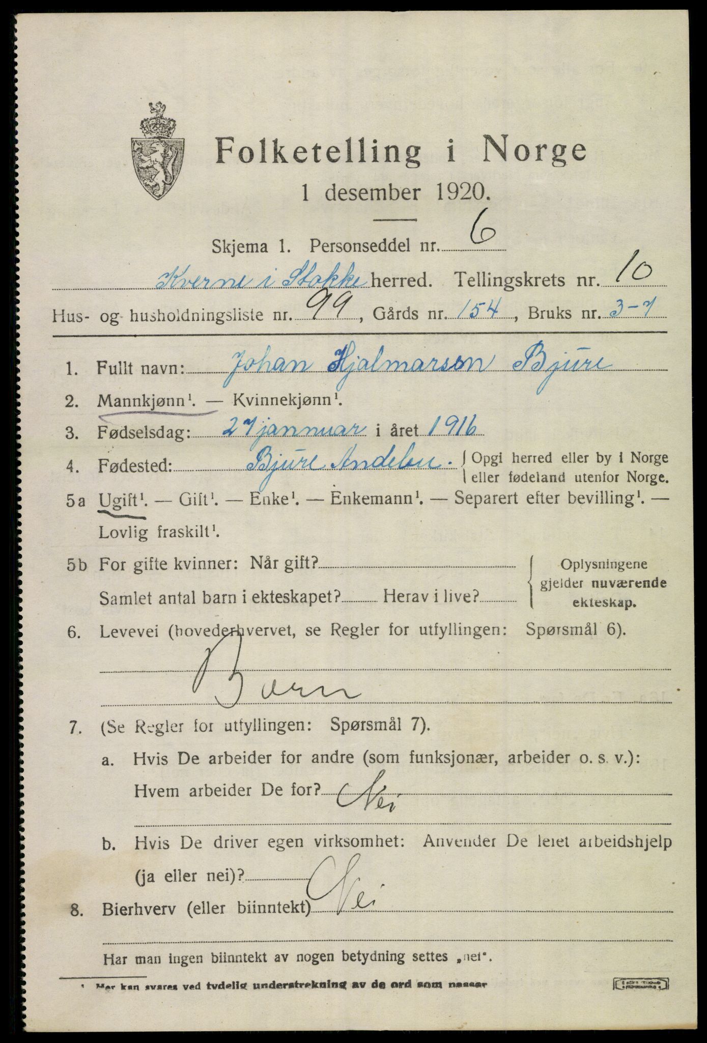 SAKO, 1920 census for Stokke, 1920, p. 12218