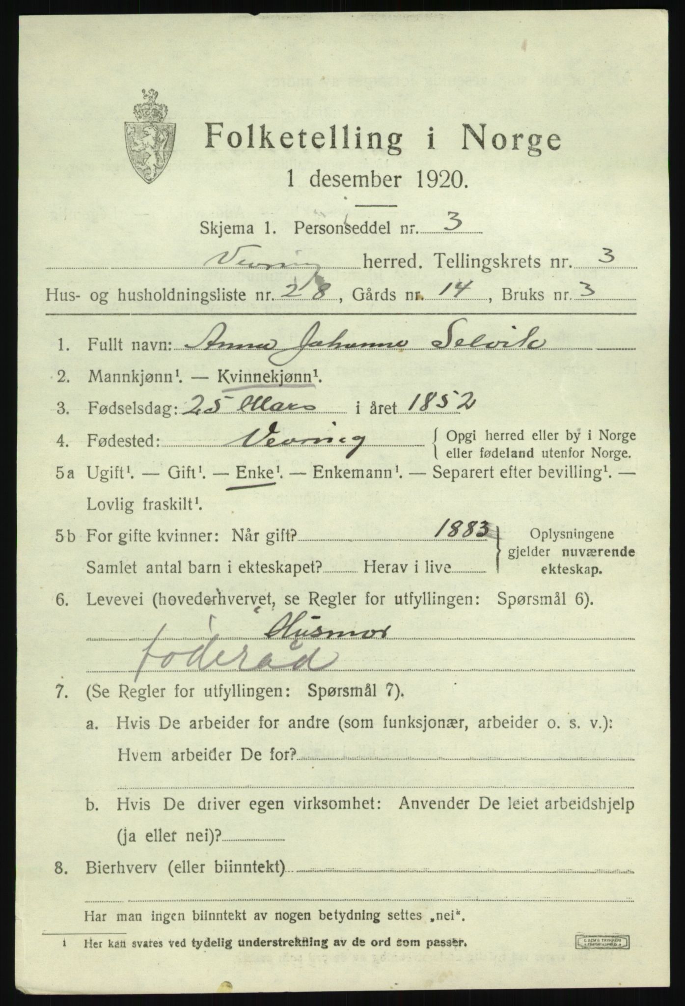 SAB, 1920 census for Vevring, 1920, p. 1318