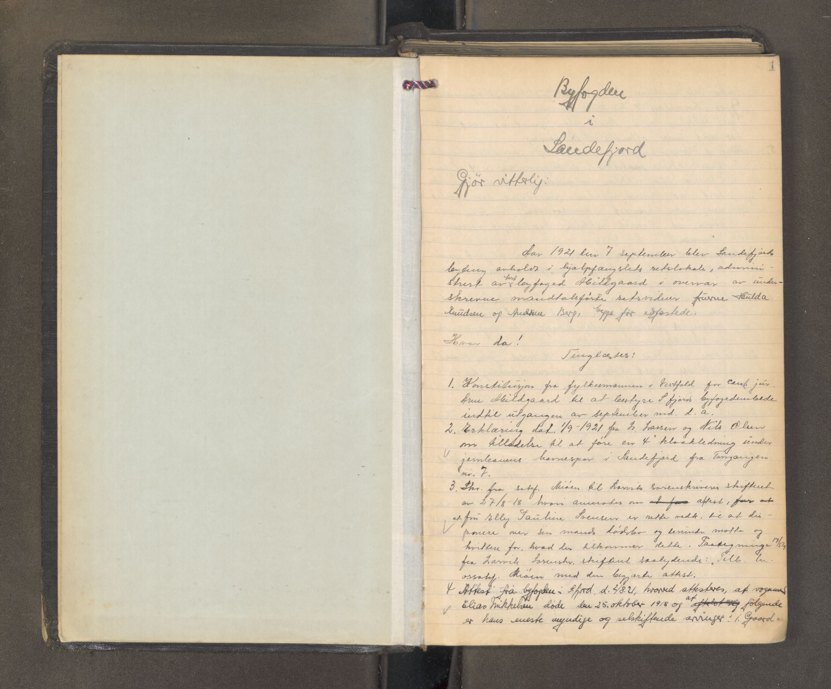 Sandefjord byfogd - 1, AV/SAKO-A-122/F/Fa/L0011: Tingbok, 1921-1923, p. 1