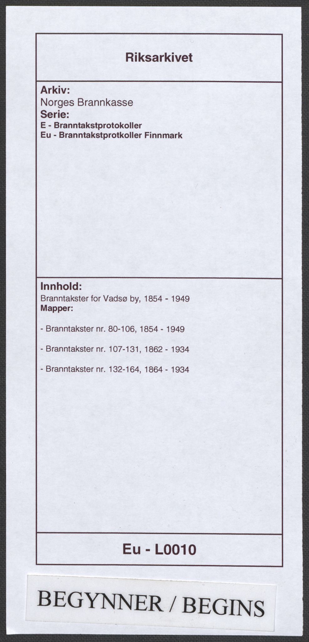 Norges Brannkasse, AV/RA-S-1549/E/Eu/L0010: Branntakster for Vadsø by, 1854-1949, p. 1