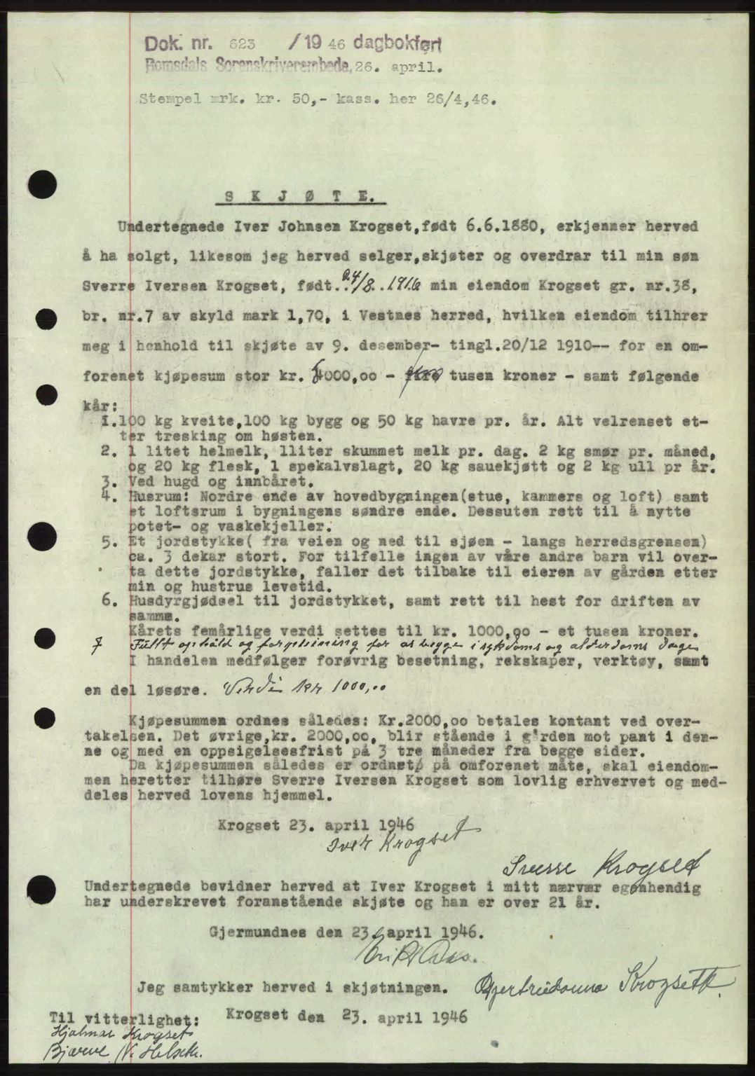 Romsdal sorenskriveri, SAT/A-4149/1/2/2C: Mortgage book no. A19, 1946-1946, Diary no: : 623/1946