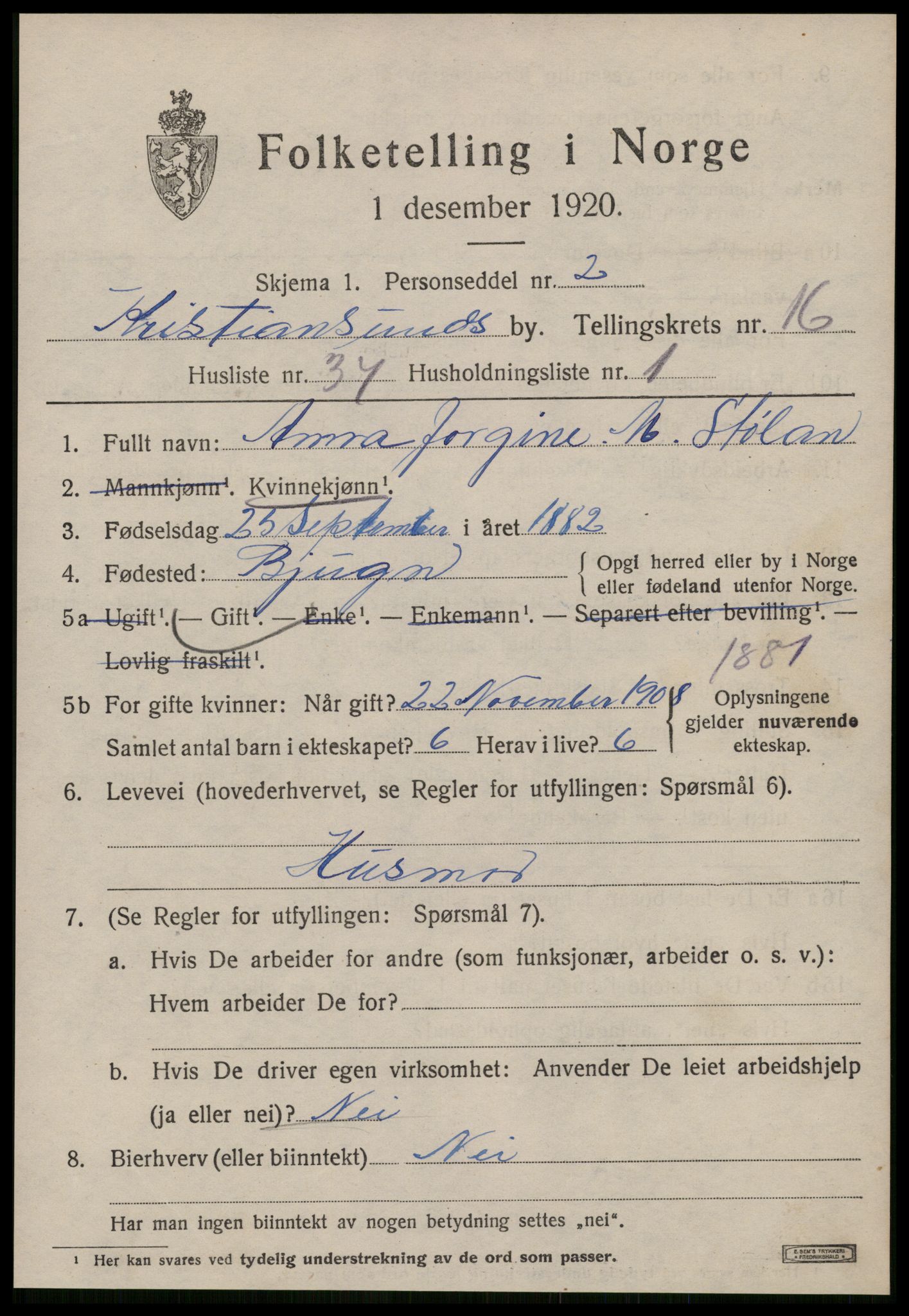 SAT, 1920 census for Kristiansund, 1920, p. 34525