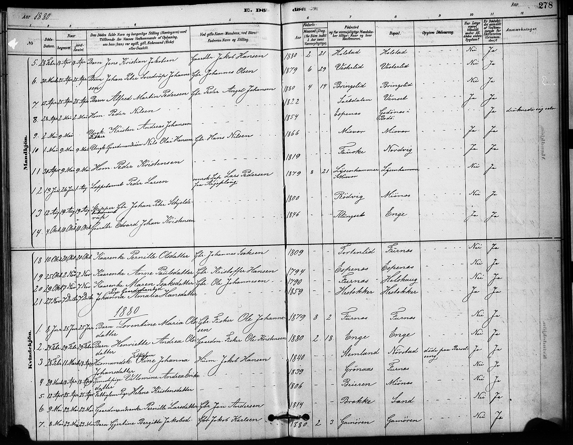 Ministerialprotokoller, klokkerbøker og fødselsregistre - Nordland, AV/SAT-A-1459/852/L0754: Parish register (copy) no. 852C05, 1878-1894, p. 278