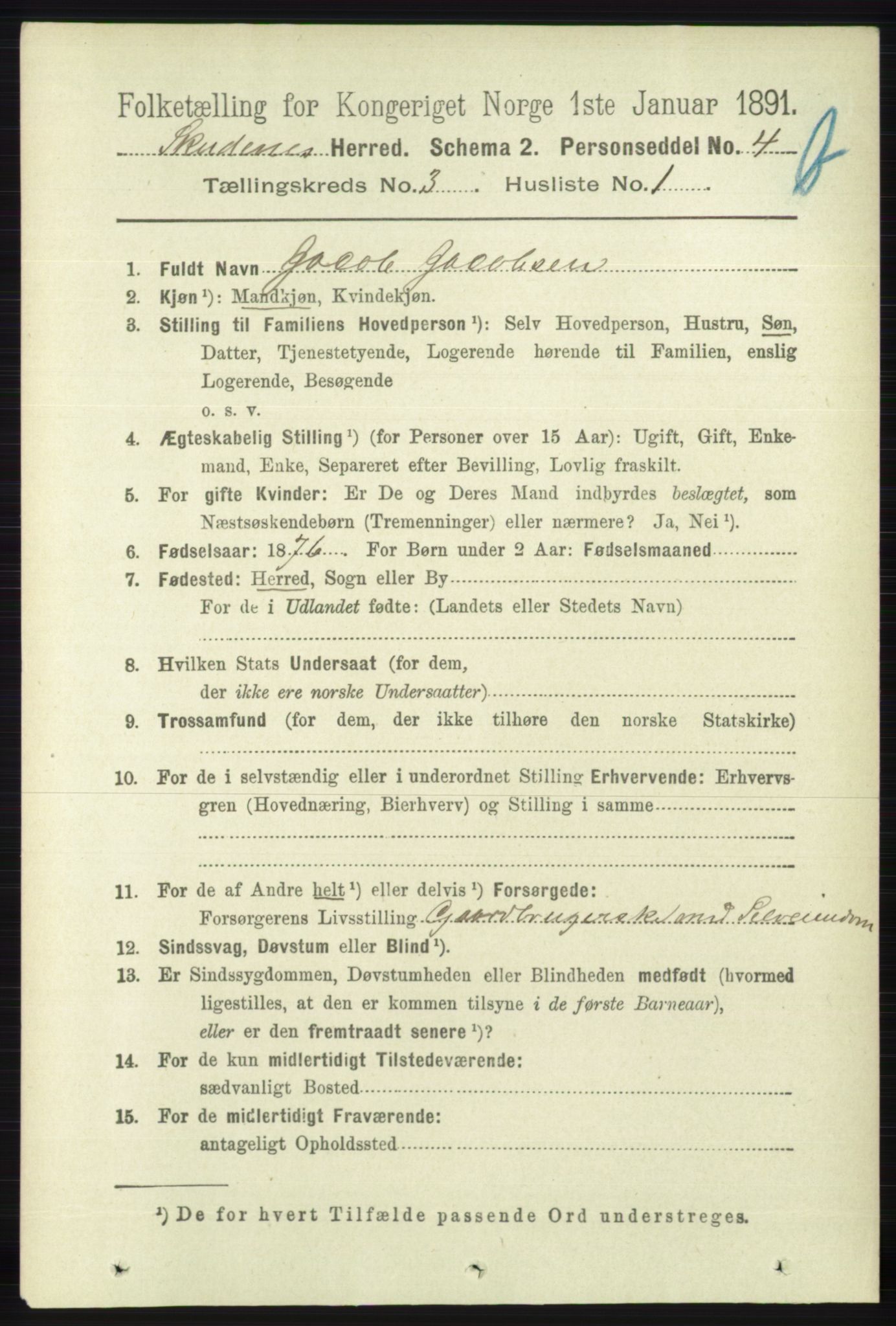 RA, 1891 census for 1150 Skudenes, 1891, p. 4001