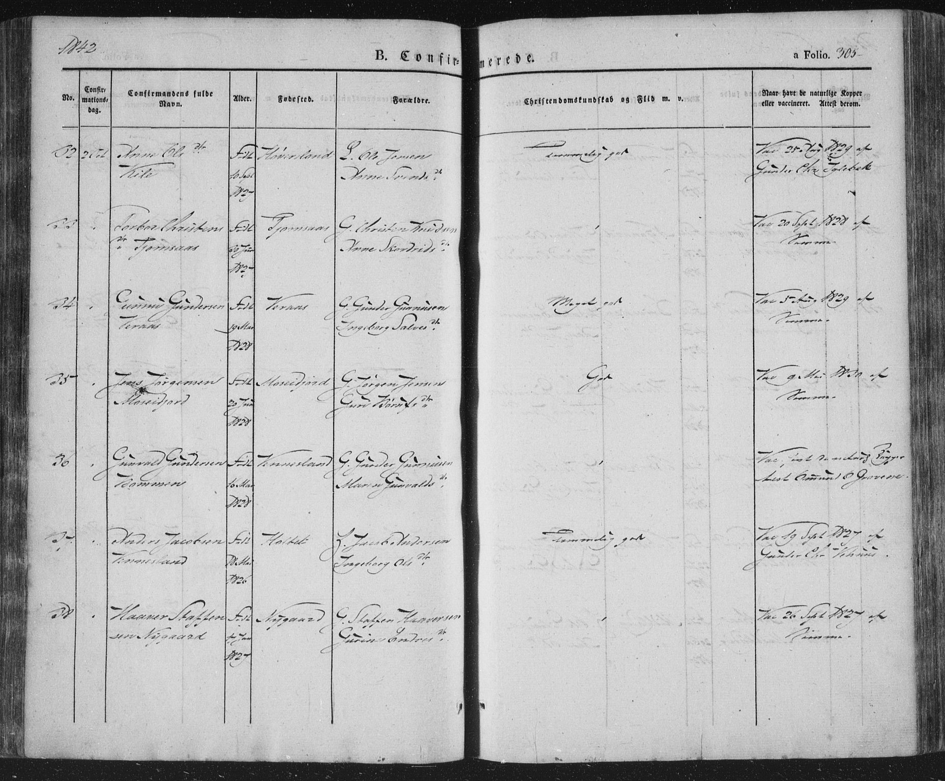 Vennesla sokneprestkontor, AV/SAK-1111-0045/Fa/Fac/L0004: Parish register (official) no. A 4, 1834-1855, p. 305