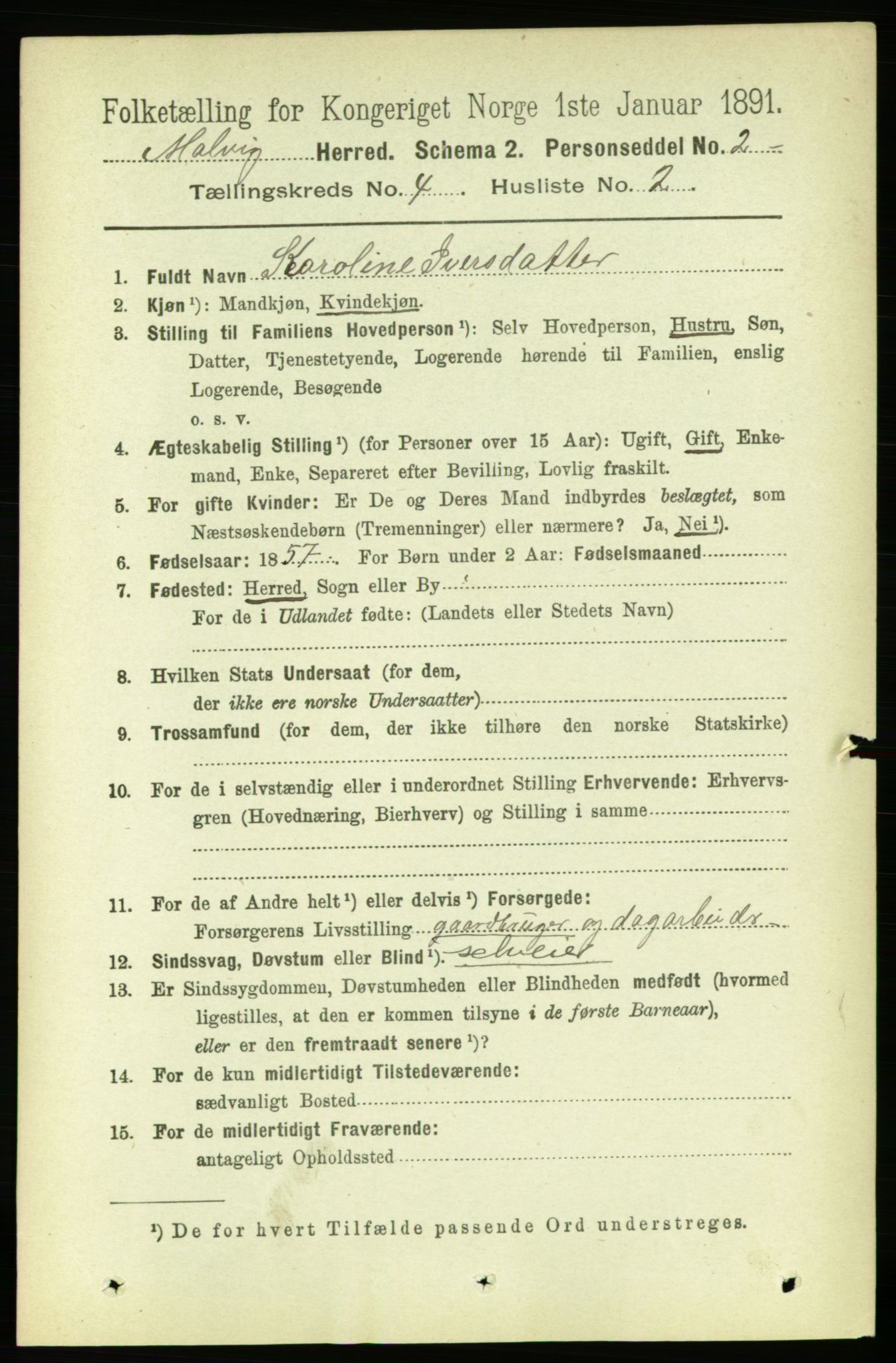 RA, 1891 census for 1663 Malvik, 1891, p. 2697