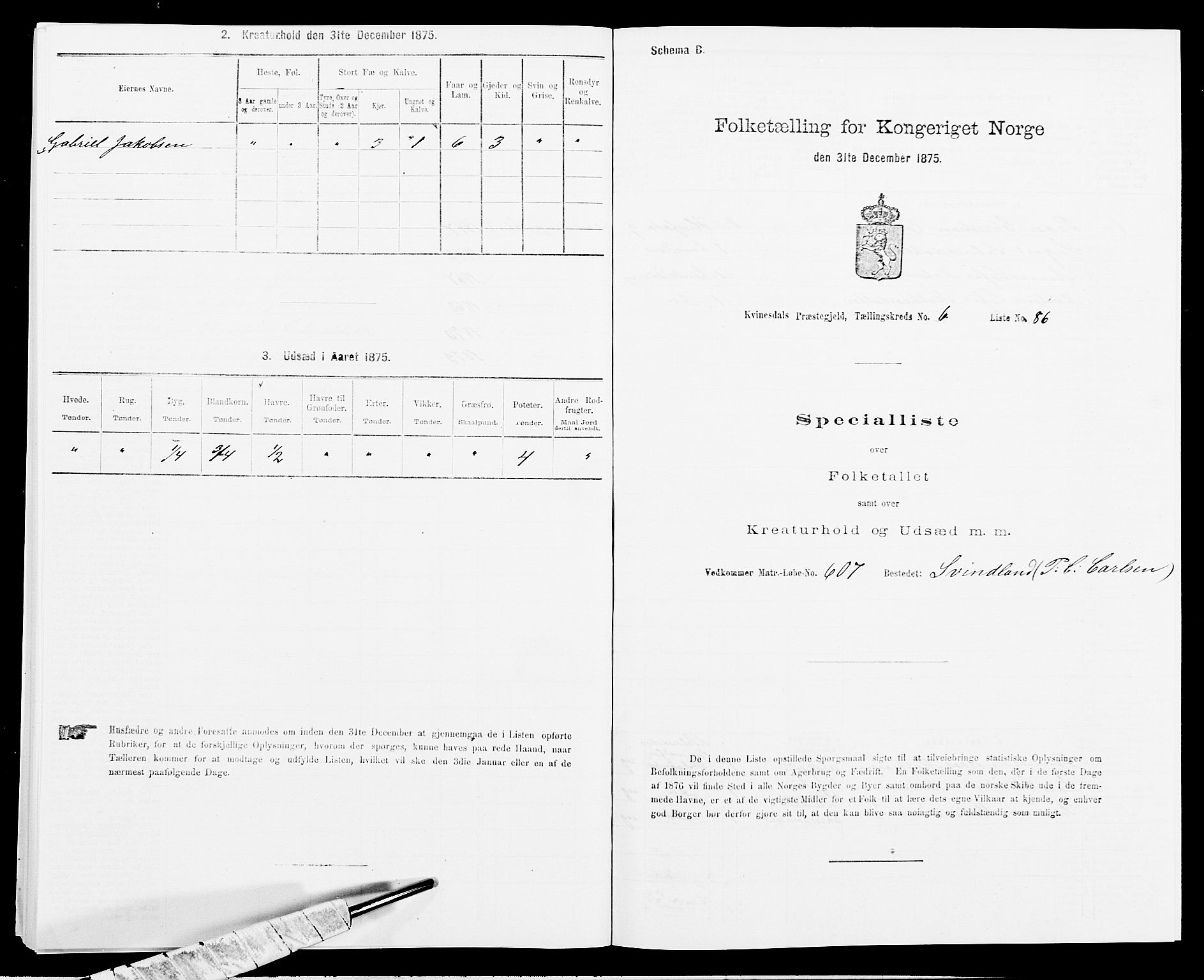 SAK, 1875 census for 1037P Kvinesdal, 1875, p. 1086