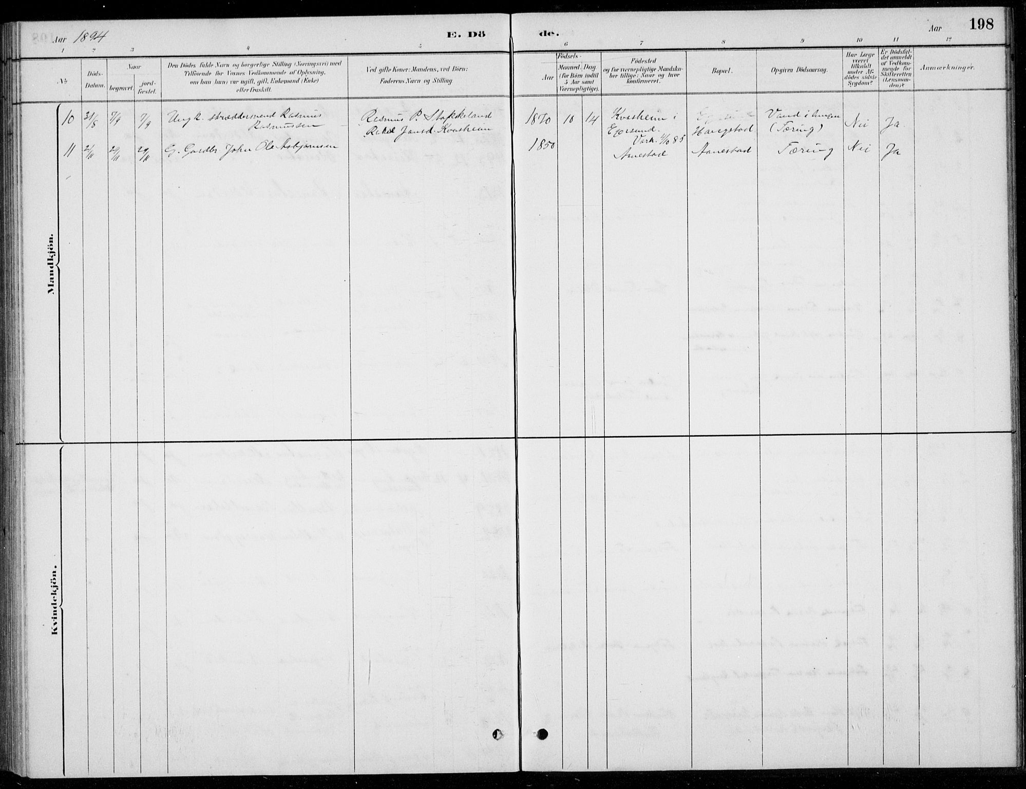 Hå sokneprestkontor, AV/SAST-A-101801/001/30BB/L0004: Parish register (copy) no. B 4, 1883-1899, p. 198