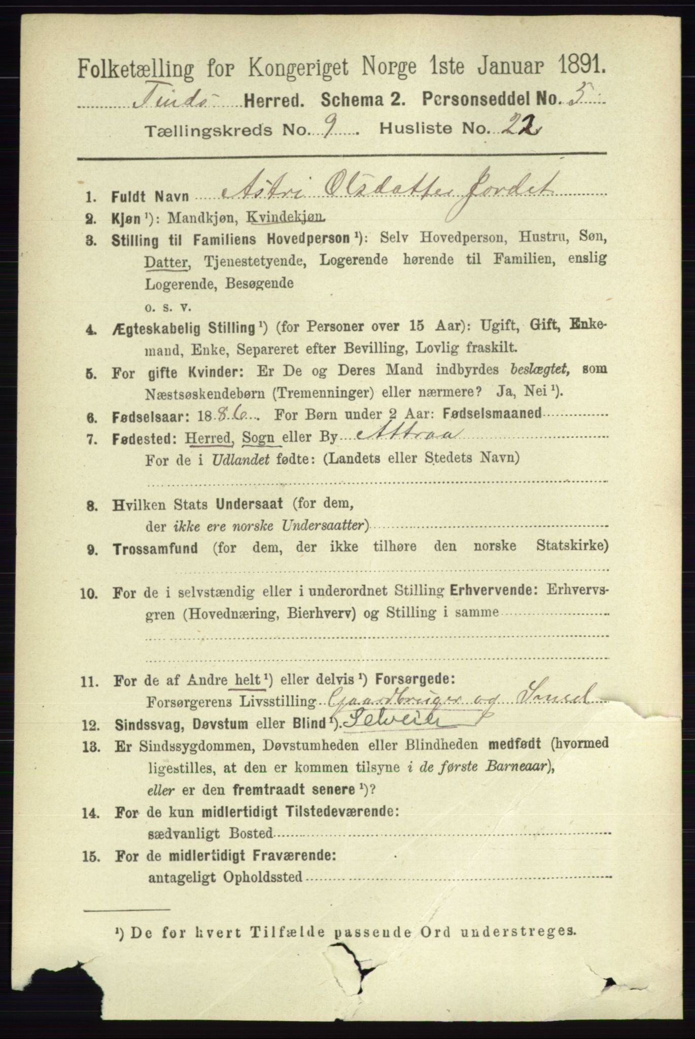 RA, 1891 census for 0826 Tinn, 1891, p. 1937