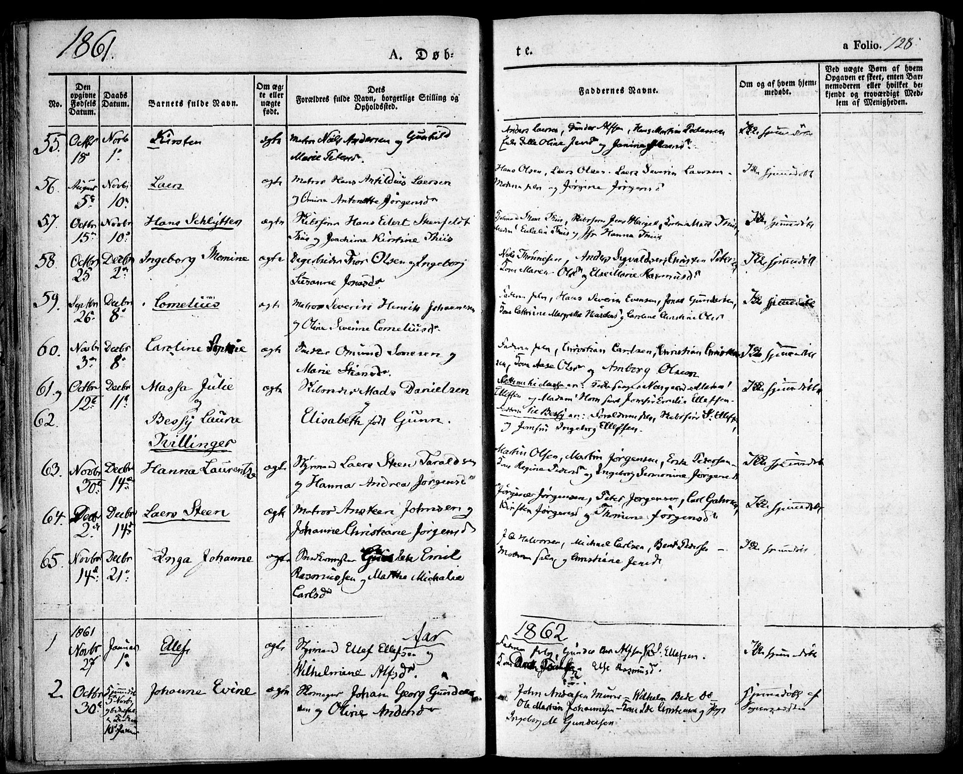 Risør sokneprestkontor, SAK/1111-0035/F/Fa/L0003: Parish register (official) no. A 3, 1838-1864, p. 128