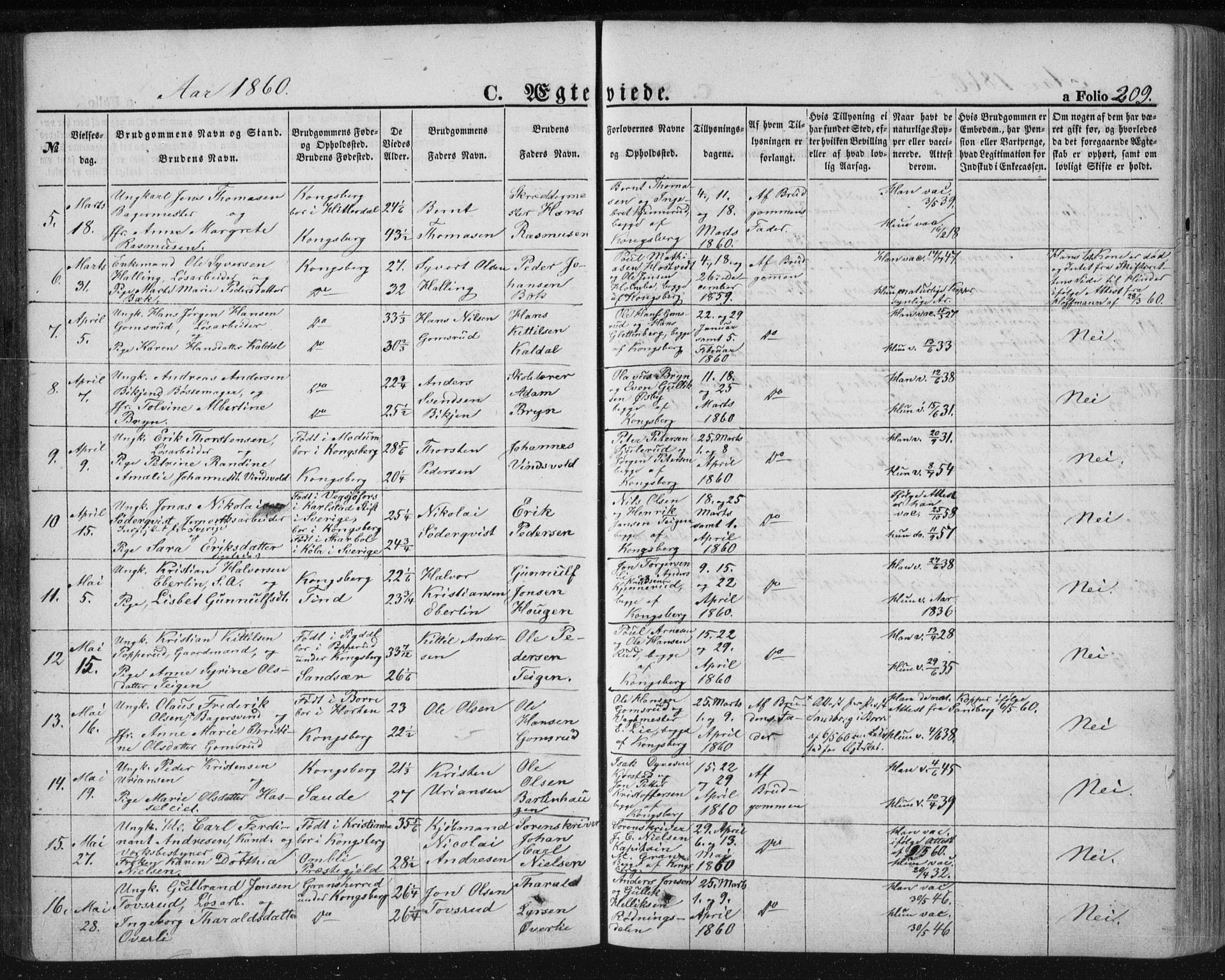 Kongsberg kirkebøker, SAKO/A-22/F/Fa/L0010: Parish register (official) no. I 10, 1859-1875, p. 209