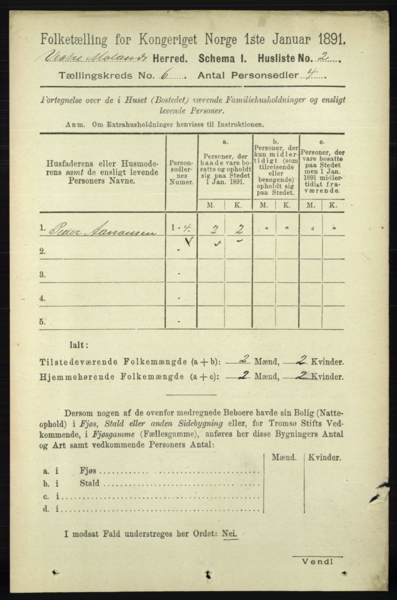 RA, 1891 census for 0926 Vestre Moland, 1891, p. 2271