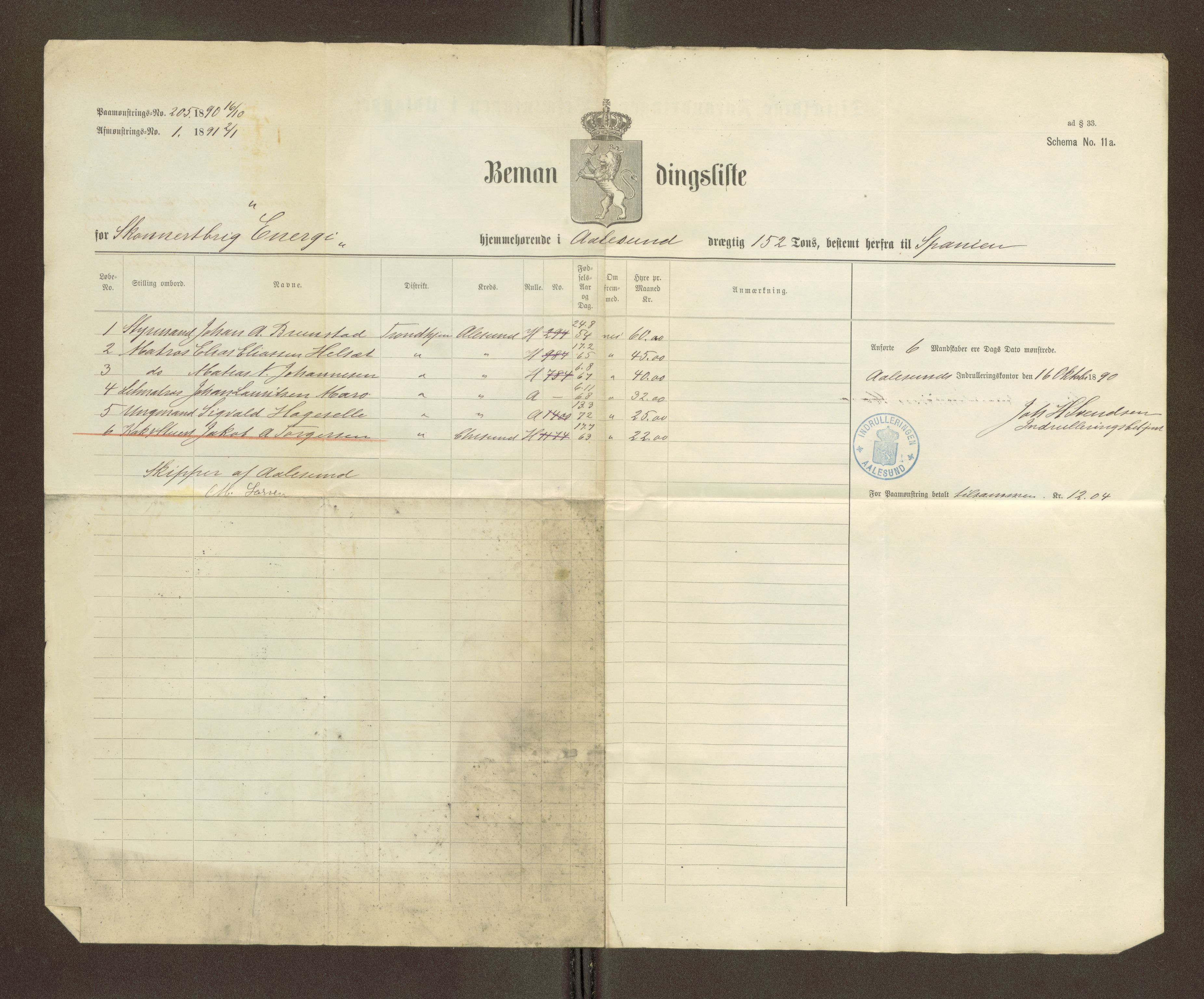 Sjøinnrulleringen - Trondhjemske distrikt, AV/SAT-A-5121/01/L0273: Bemannings og mønstringslister for Ålesund krets, 1891-1893, p. 2