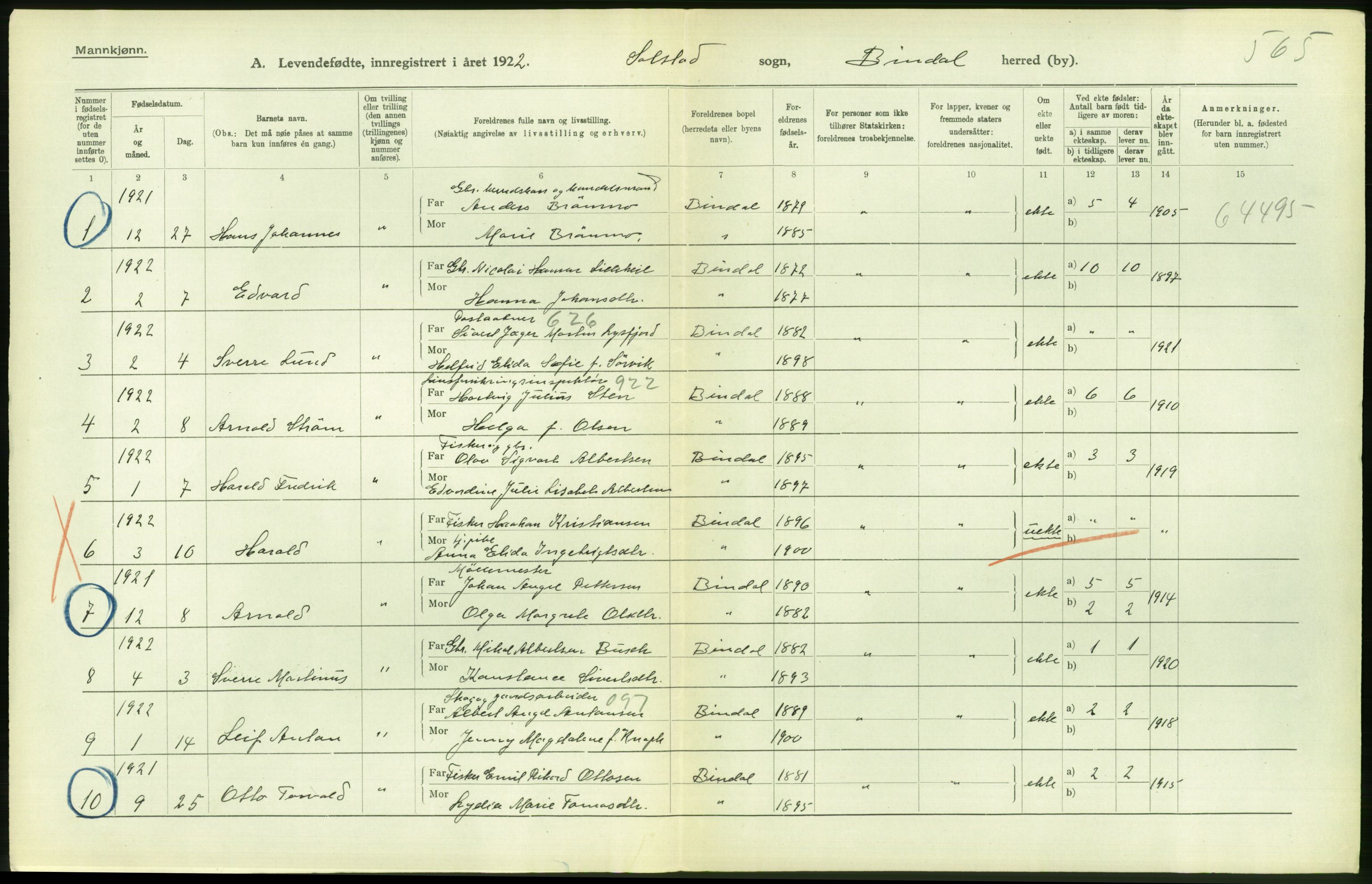 Statistisk sentralbyrå, Sosiodemografiske emner, Befolkning, AV/RA-S-2228/D/Df/Dfc/Dfcb/L0044: Nordland fylke: Levendefødte menn og kvinner. Bygder og byer., 1922, p. 488