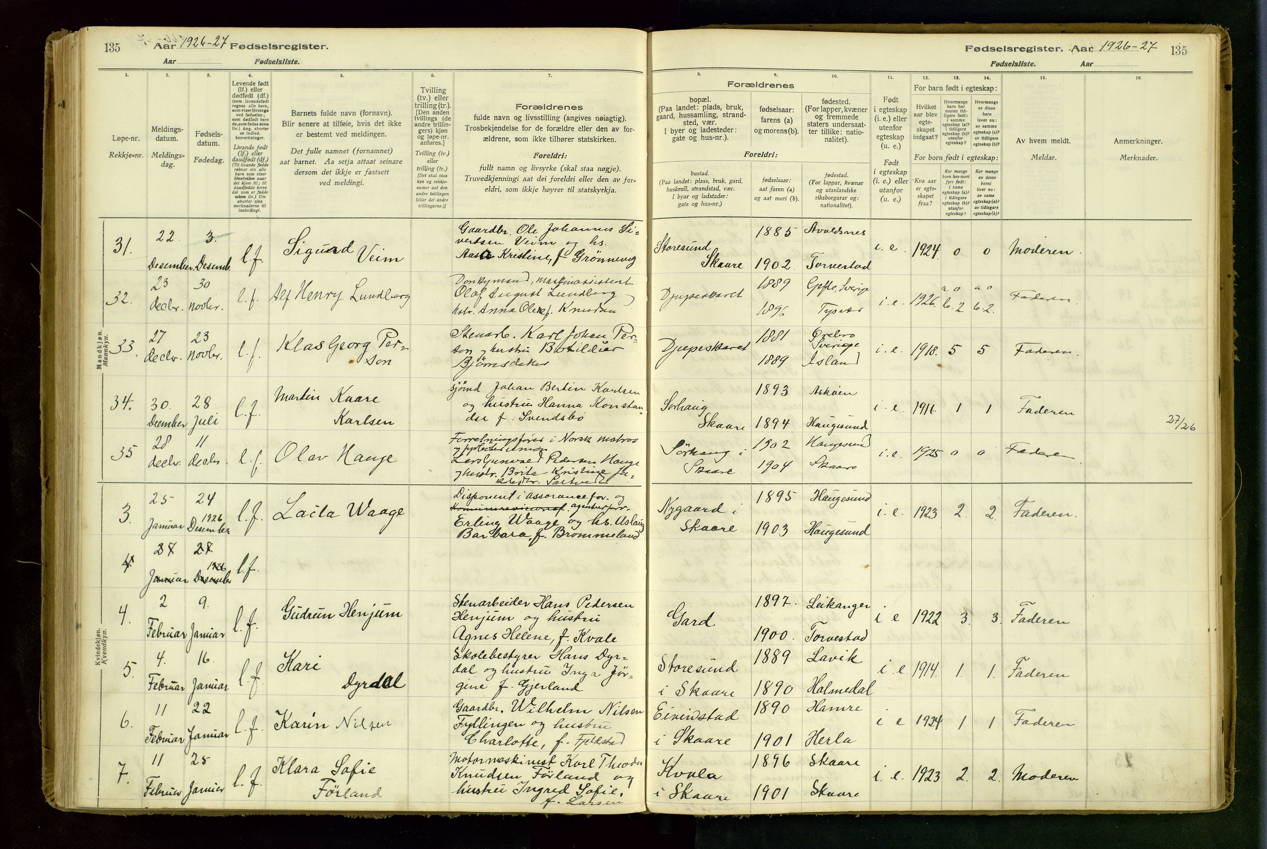 Haugesund sokneprestkontor, AV/SAST-A -101863/I/Id/L0001: Birth register no. 1, 1916-1935, p. 135